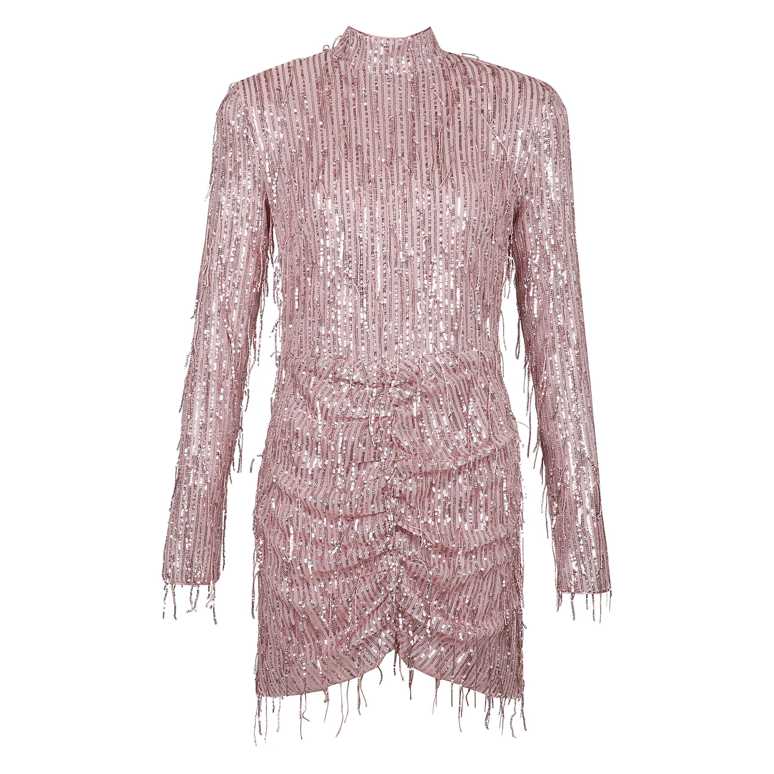 Abito corto rosa con paillettes e frange a maniche lunghe