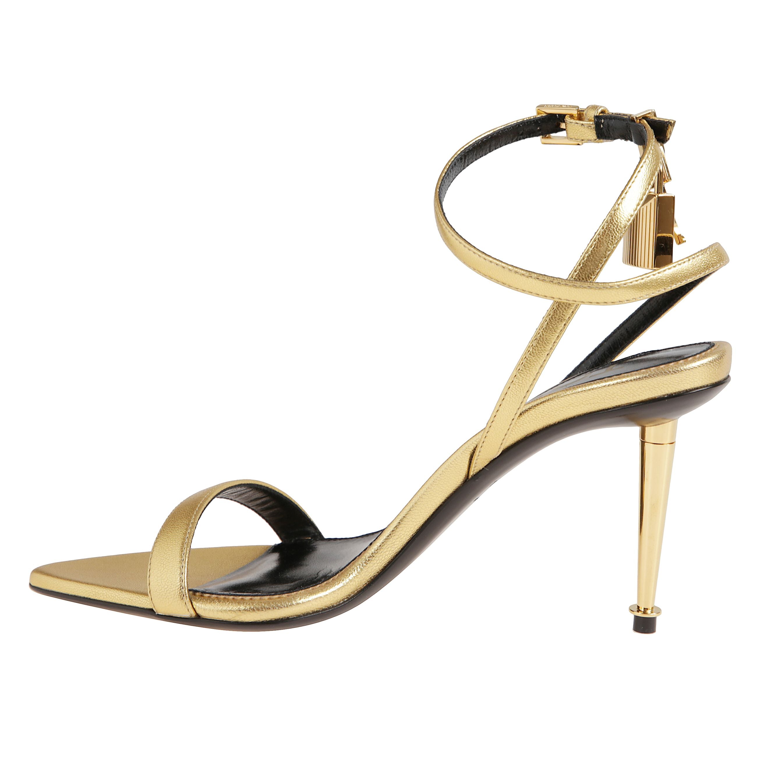 DÃ©colletÃ© in pelle con punta affusolata. cinturino alla caviglia regolabile e tacco a spillo in metallo. interno e soletta con firma tom ford impressa. dettaglio iconico con lucchetto metallico sul cinturino.