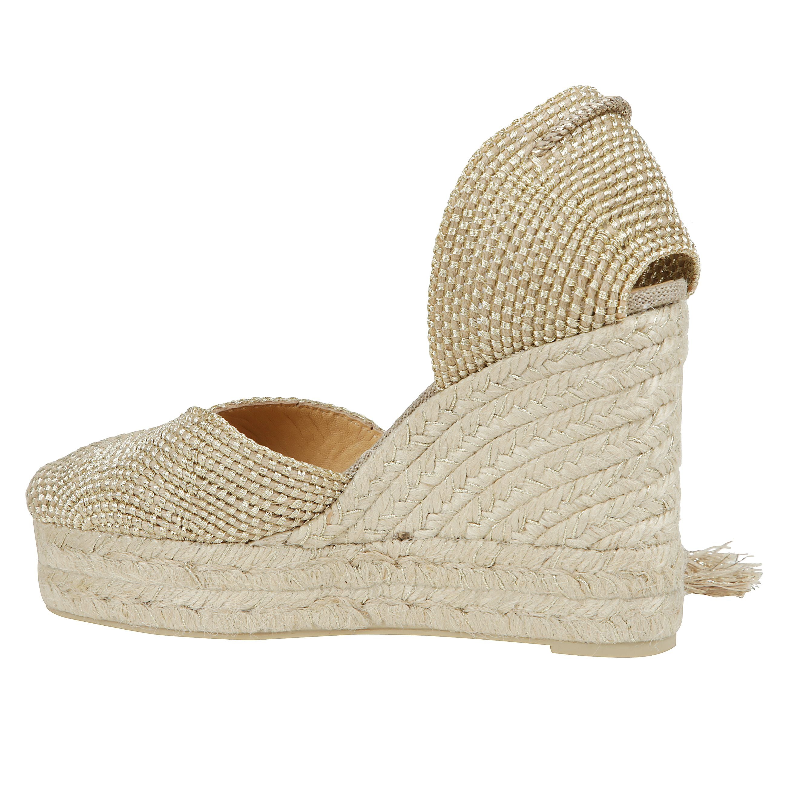 Espadrilla cora realizzato in juta e rayon con scollo a v, soletta imbottita zeppa in juta da 11 cm con doppio plateau
