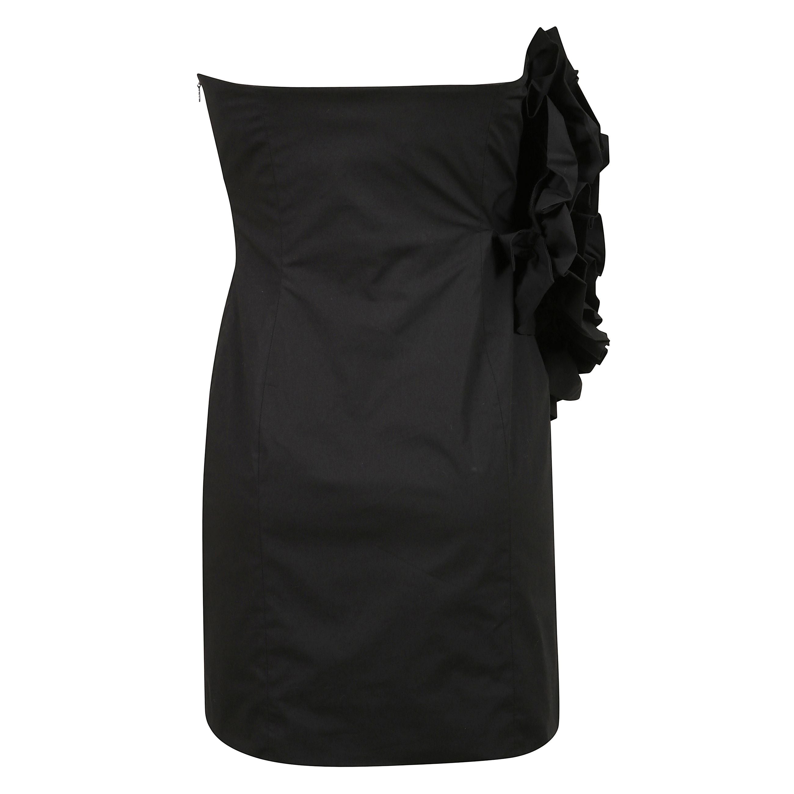 Mini dress in cotone stretch, spalle scoperte, dettaglio maxi fiore sul davanti, zip a chiusura laterale, slim fit.