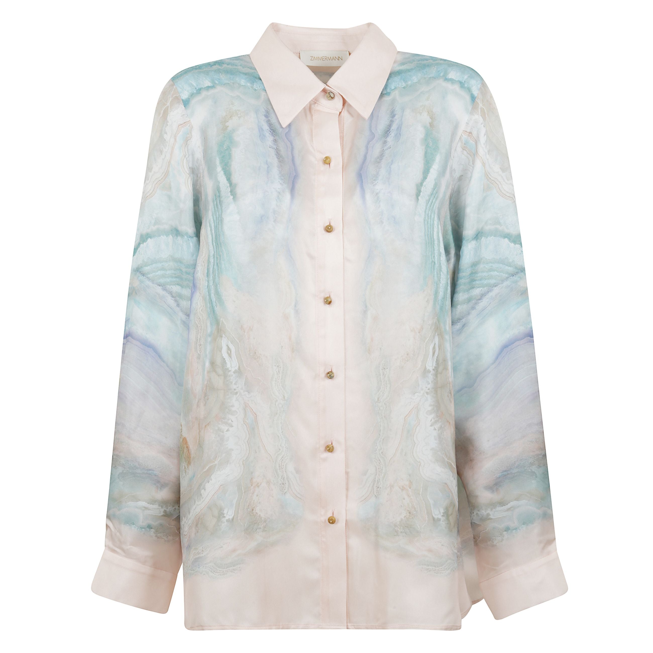 Camicia dalla vestibilitÃ  comoda illuminate in blu agata della nostra collezione primavera prÃªt-Ã -porter 2025, illumination. rilassato seta camicia con manica lungas, colletto dal taglio classico e bottoni sul centro davanti e sui polsini.