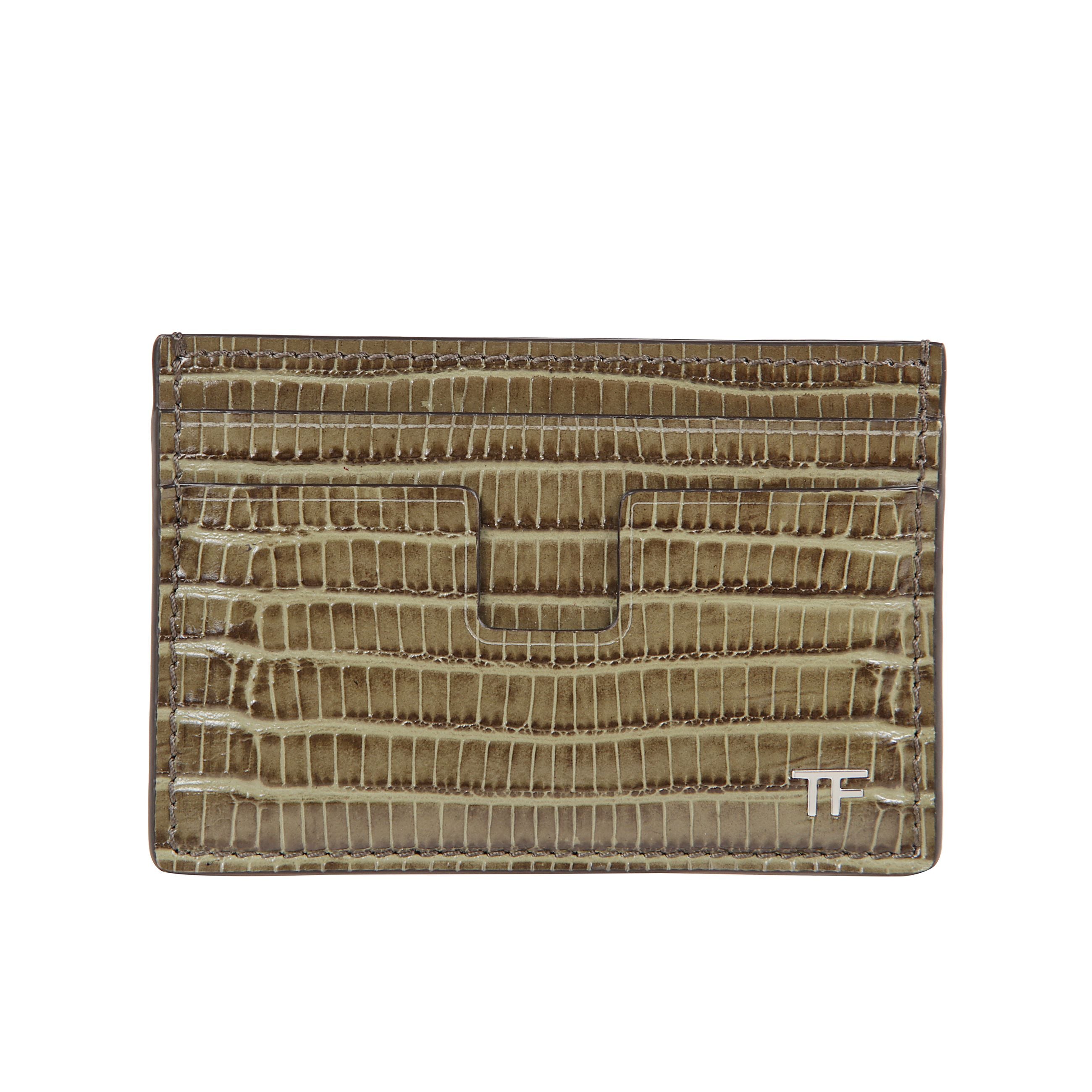 Portacarte in pelle di vitello. texture effetto coccodrillo. slot multipli per schede e vano centrale. dimensioni compatte. logo tom ford sulla parte frontale.
