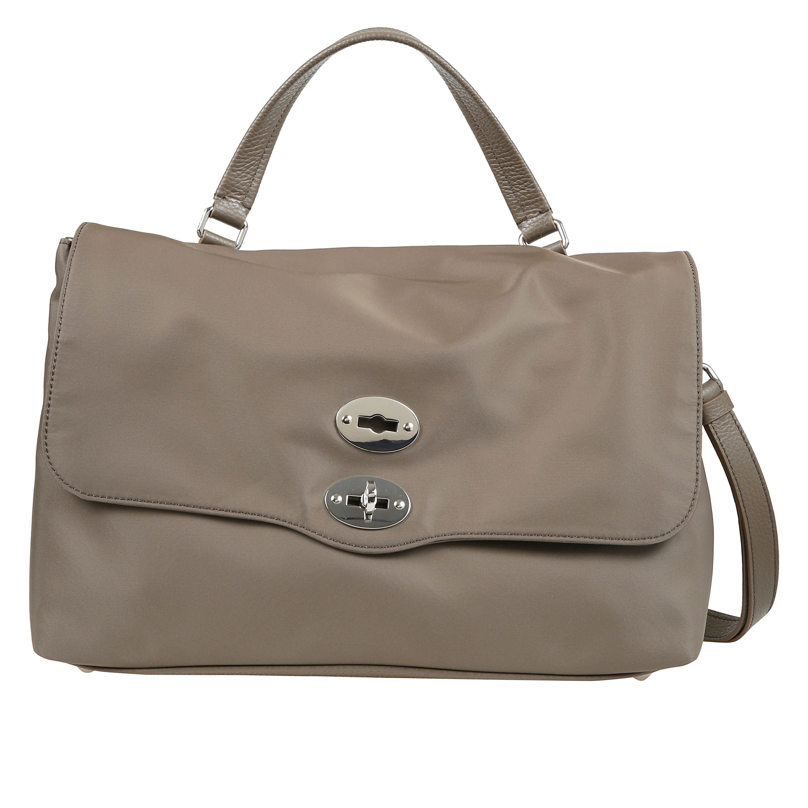 Borsa a mano realizzata in nylon, doppio scomparto interno, manico superiore in pelle, tracolla regolabile e removibile in pelle e chiusura a doppio girello con patta