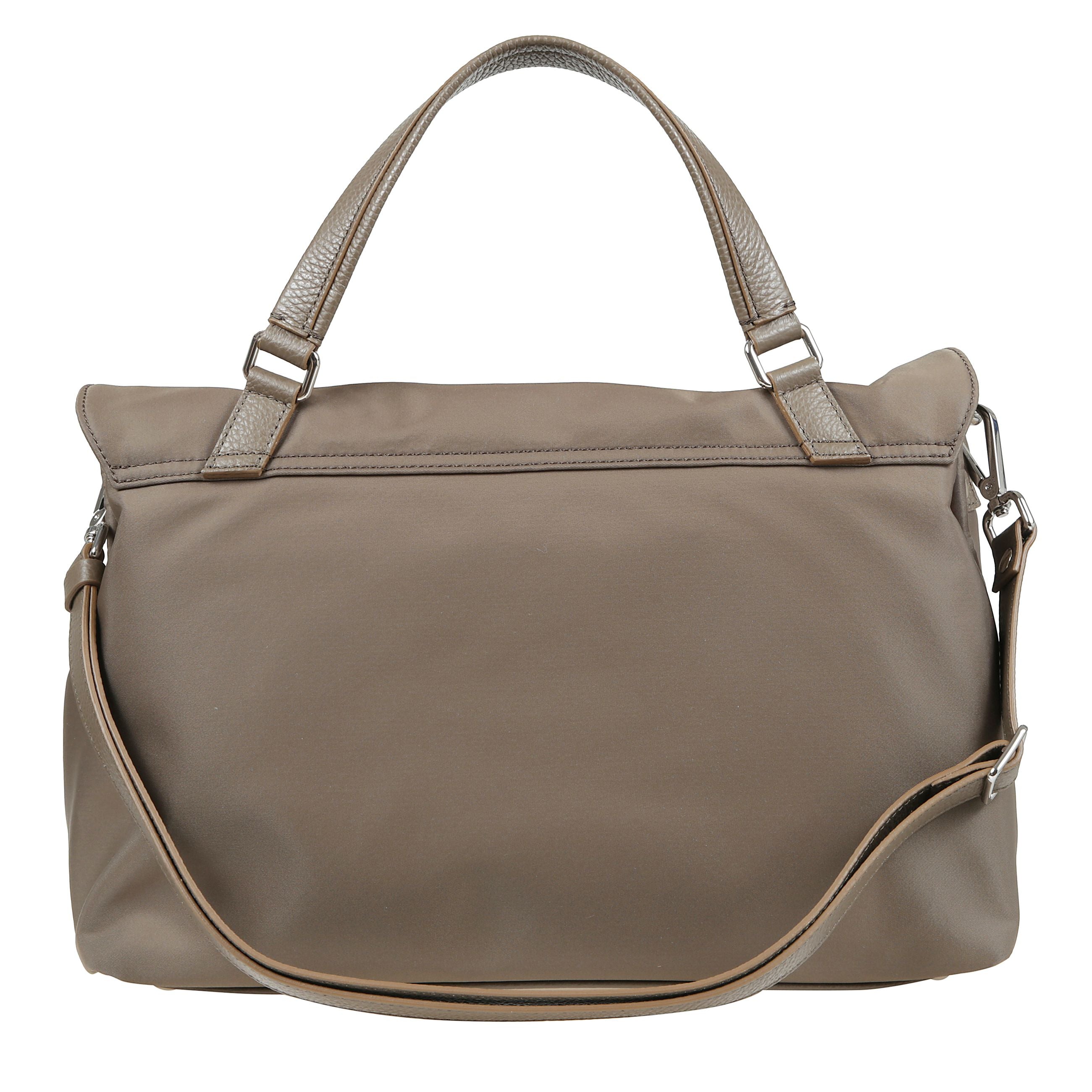 Borsa a mano realizzata in nylon, doppio scomparto interno, manico superiore in pelle, tracolla regolabile e removibile in pelle e chiusura a doppio girello con patta