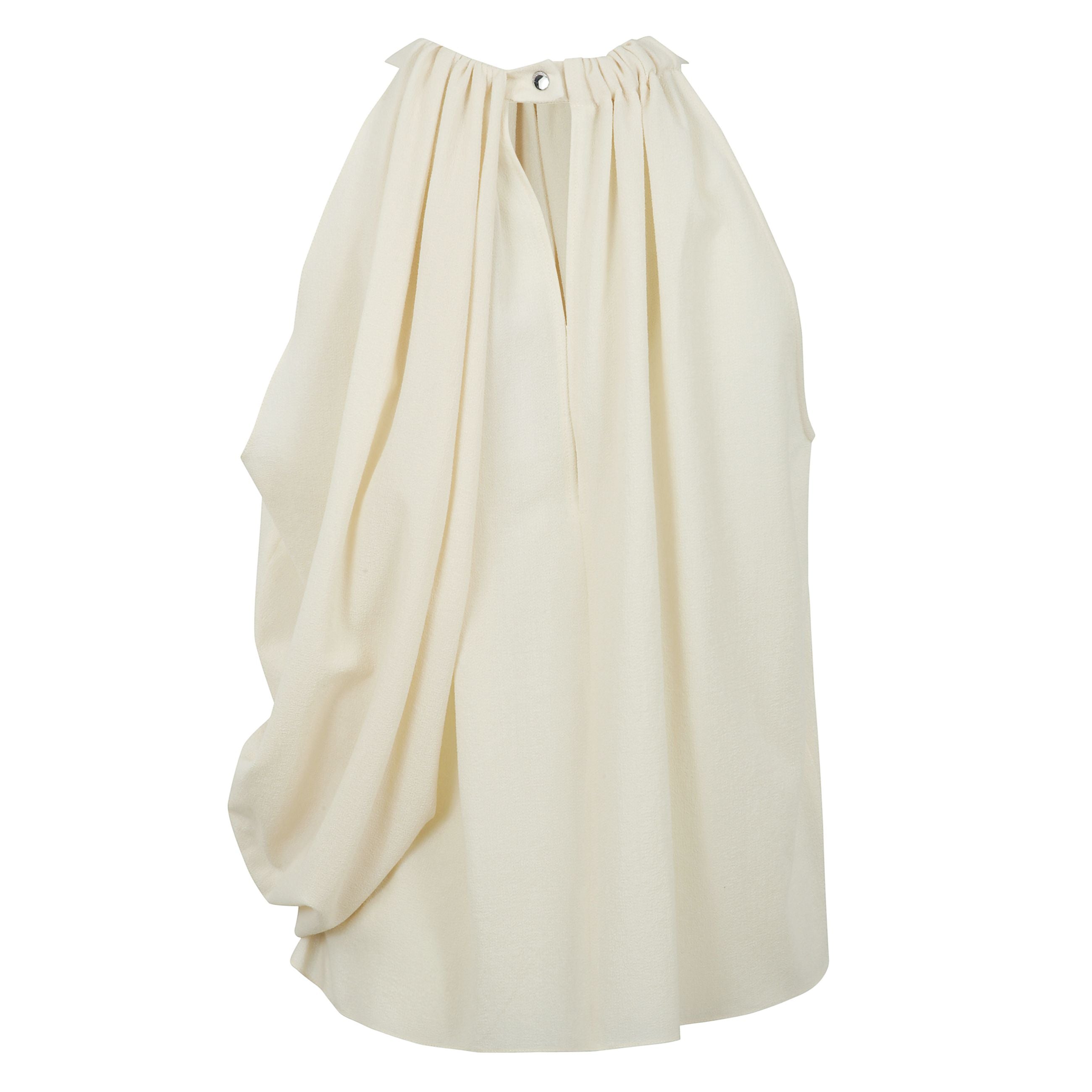 Top senza maniche dal design asimmetrico con drappeggio sul davanti e chiusura con bottone posteriore