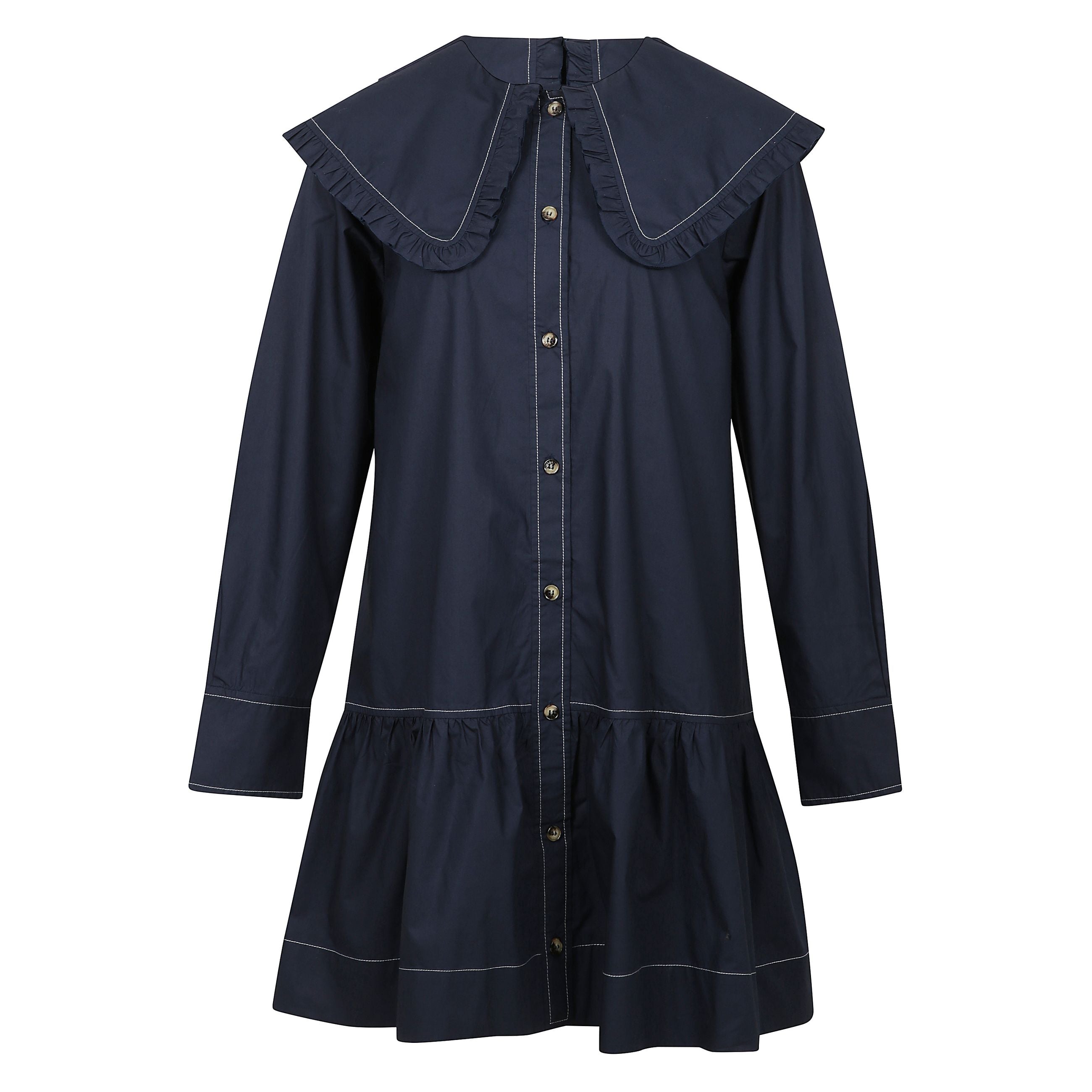 Questo blu scuro mini camicia abito presenta un collo oversize con bordi a volant e cuciture a contrasto. l'abito ha maniche lunghe con polsini abbottonati, un davanti a bottoni e dettagli raccolti all'orlo, aggiungendo volume per una silhouette rilassata