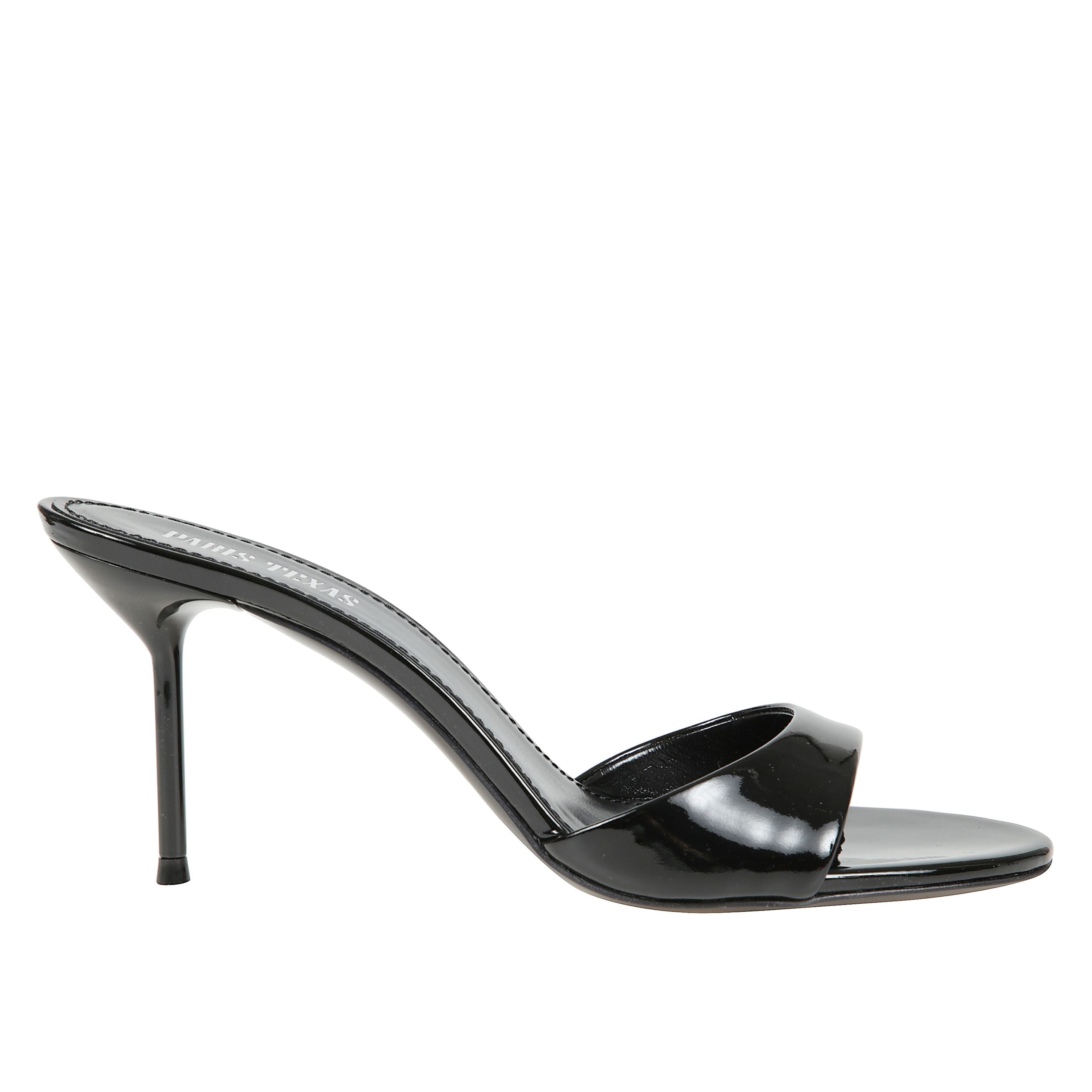 Lidia mule 70 in pelle lucida con tacco a spillo e suola in cuoio.