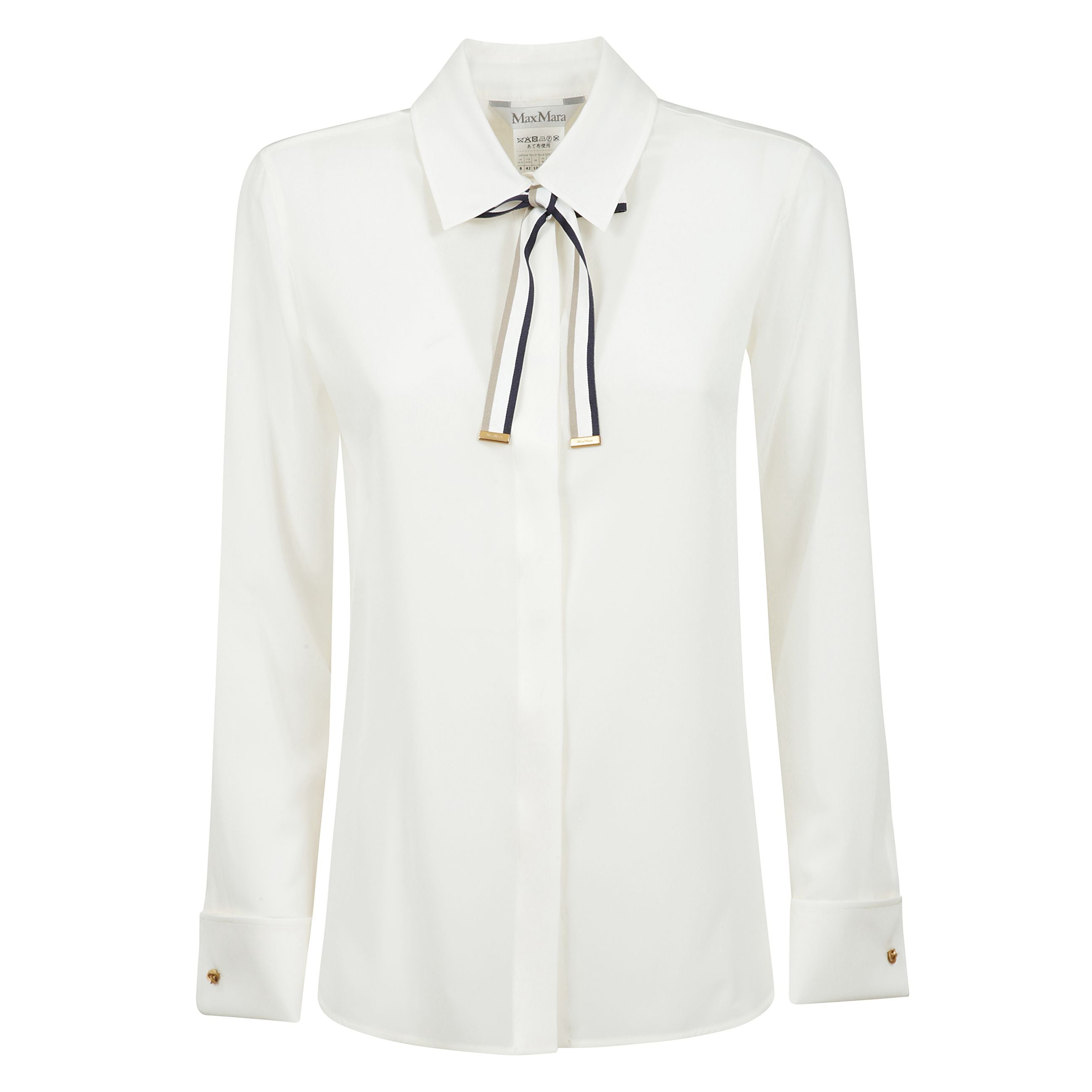 Camicia in pura seta. modello dalla linea fluida con classico colletto a punta, cravattino in nastro bicolore rimovibile con bottone sul retro del collo e polsini alti a gemello. rifinita con spacchi laterali stondati, taglio sprone e piega centrale sul r