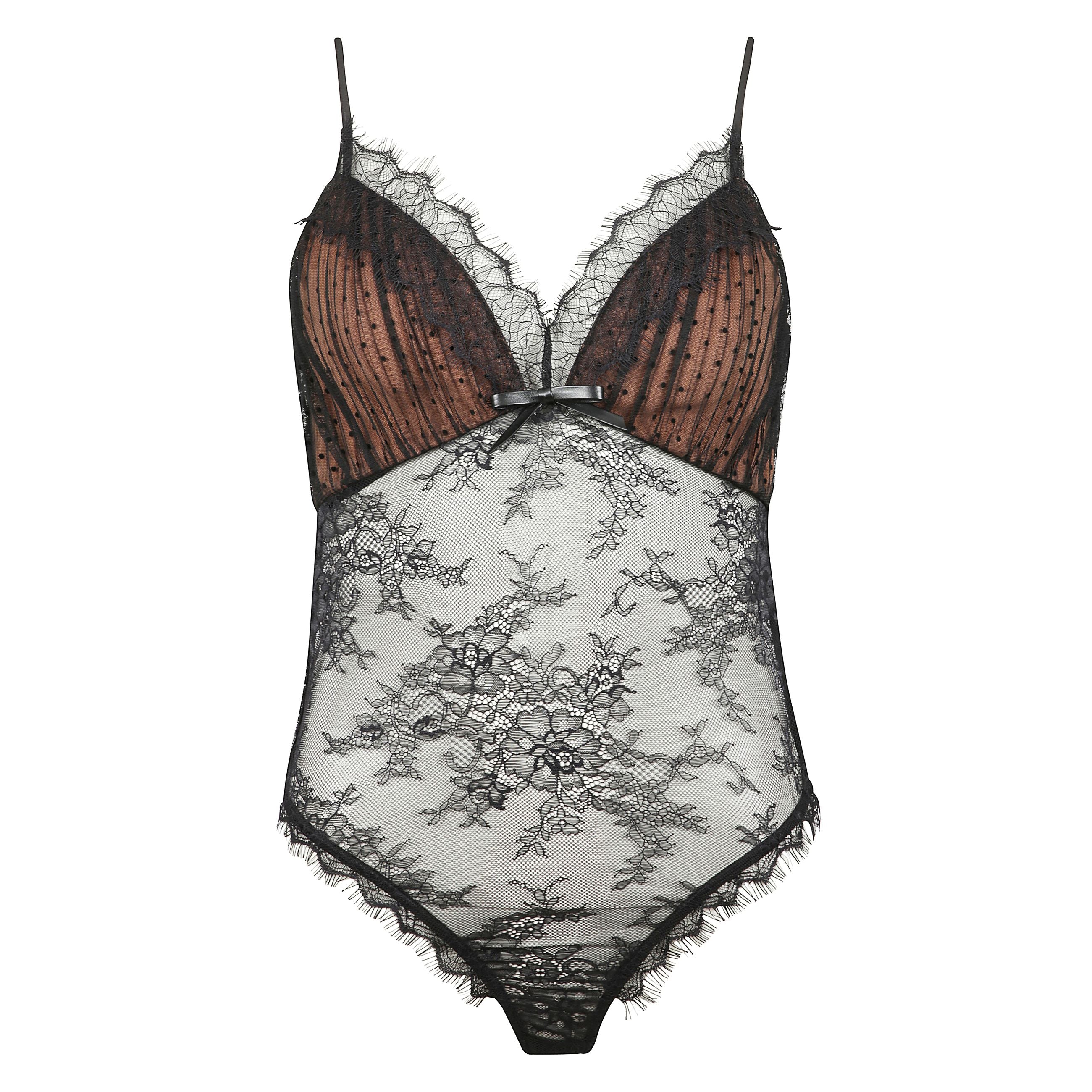 Top body in rete con motivo a pois trasparente con spalline sottili, scollo a v e finiture in pizzo