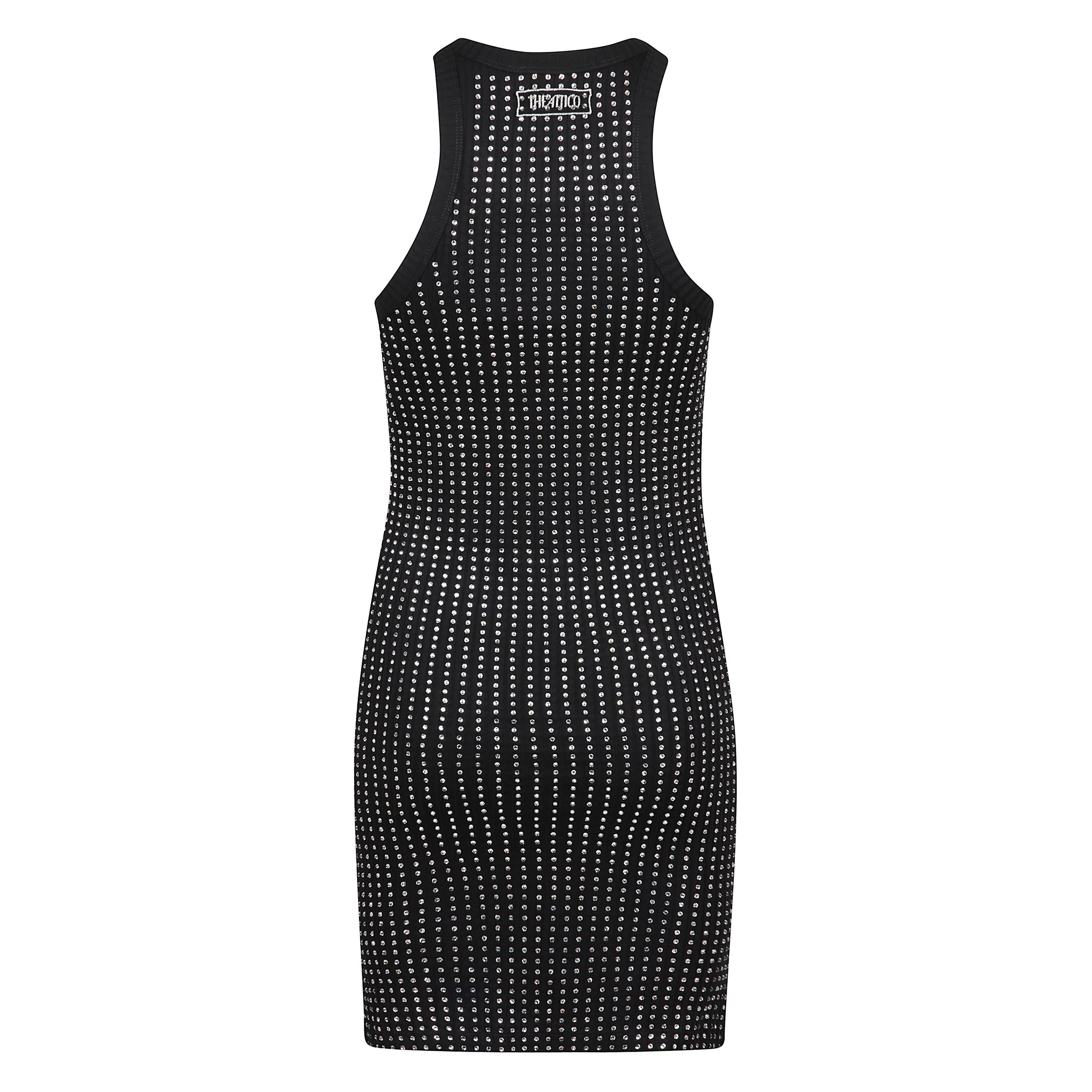 Abito a girocollo nero corto con strass e senza maniche