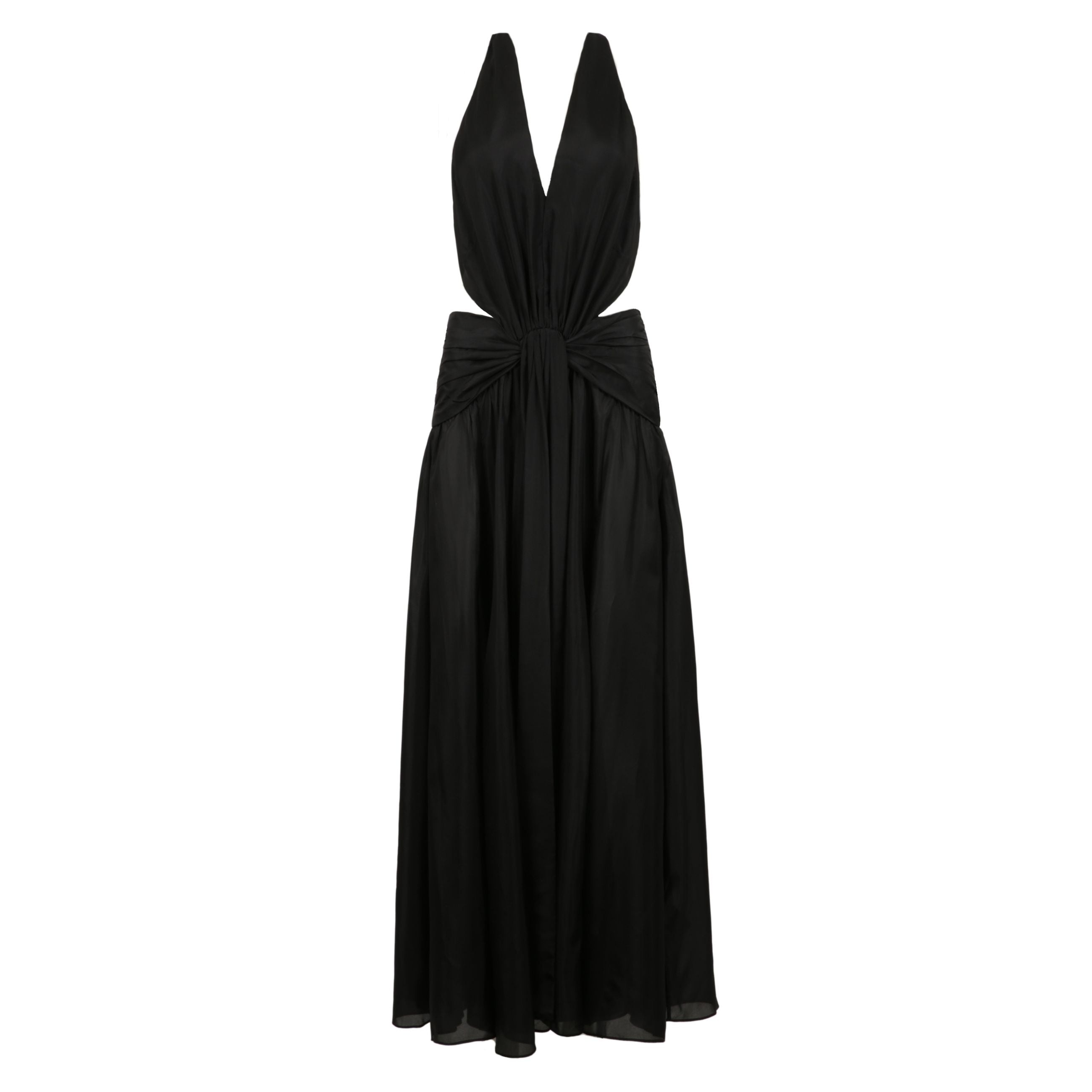 Il rhiannon plunge halter maxi in nero dalla nostra collezione summer swim 2025. un abito di seta habutae maxi collo halter con una drammatica scollatura a v, montato in vita con i lati esposti, una schiena aperta con auto legare con cordoncini perline, r
