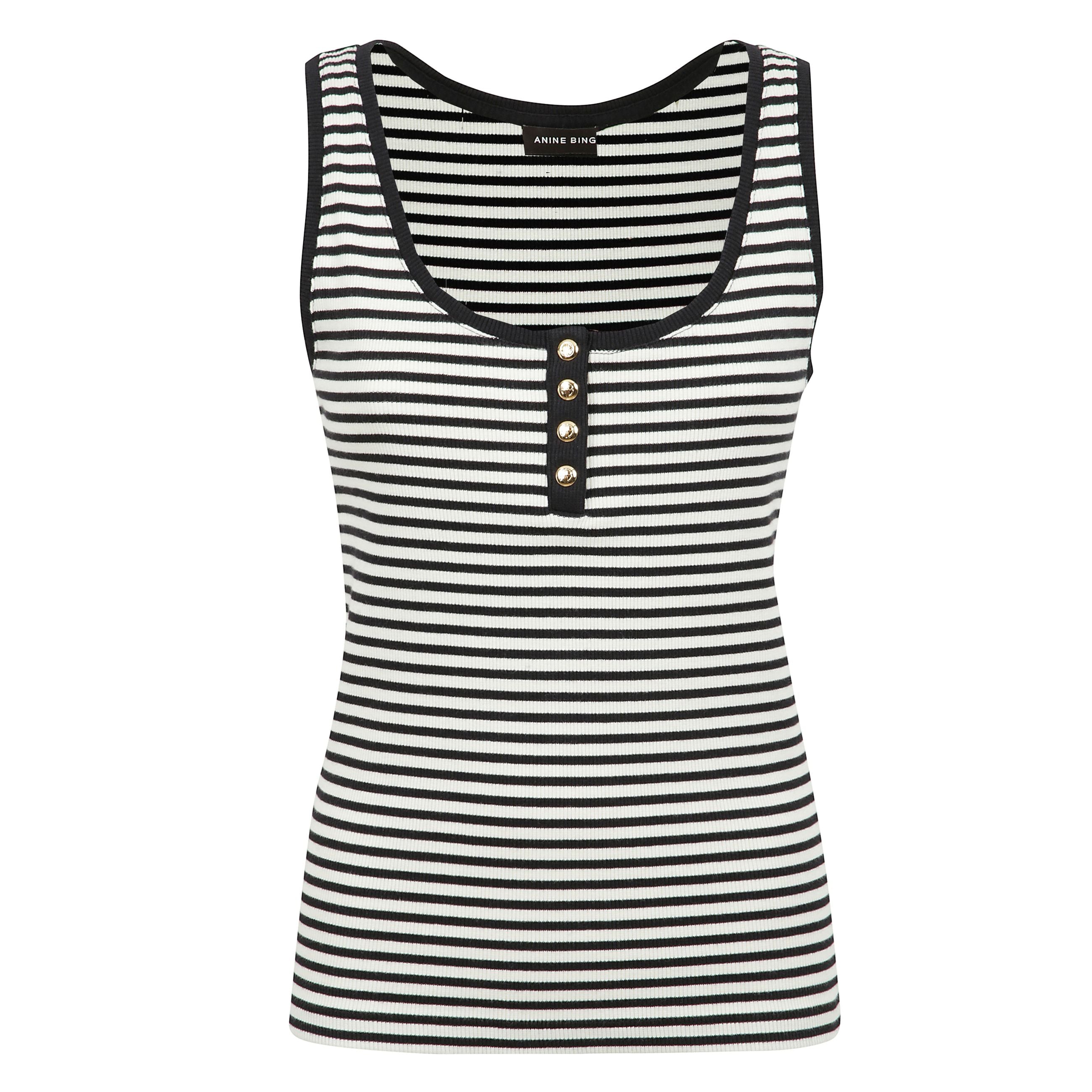 Canotta modello alessia in cotone a coste con fantasia a righe nere e color crema. presenta uno scollo rotondo e bottoni a pressione con monogramma dorato.