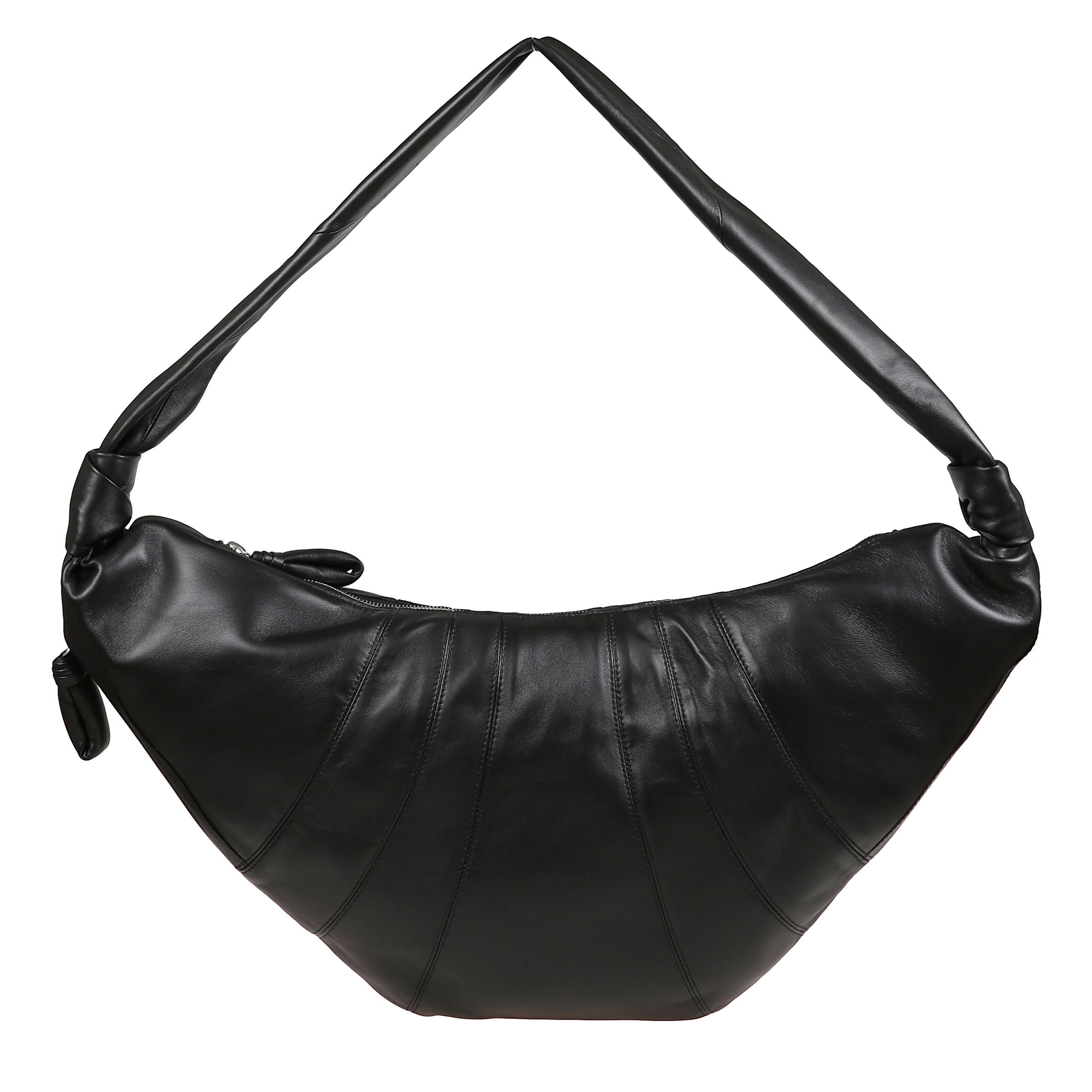 Borsa a spalla grande in pelle di agnello con inserti cuciti. design dalla forma curva con tracolla caratterizzata da un nodo decorativo. chiusura con zip e tasca interna con zip per una migliore organizzazione. fodera in cotone per una finitura di qualit