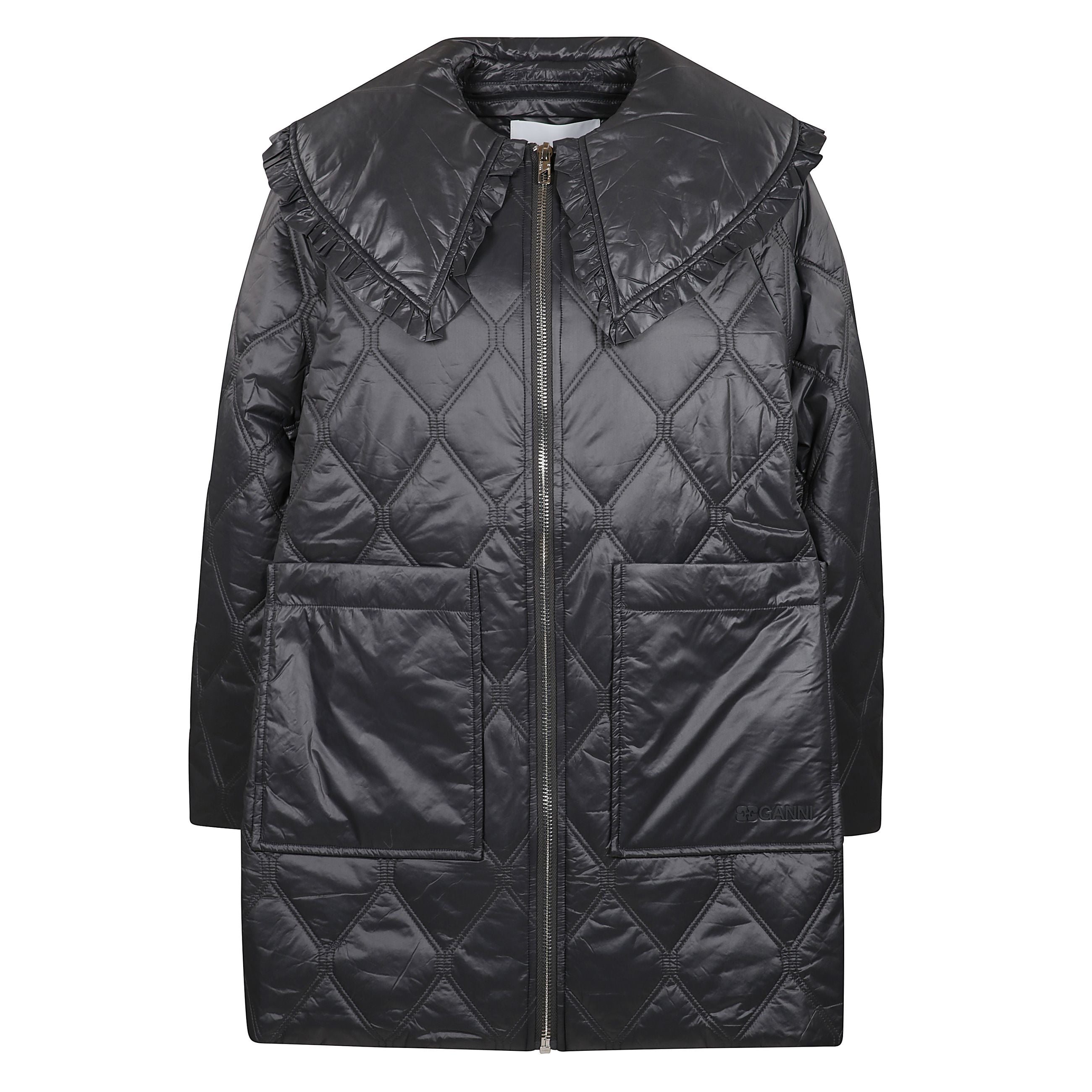 Piumino imbottito trapuntato a diamante blu-grigio con chiusura frontale con zip e 
cappuccio ampio a maniche lunghe