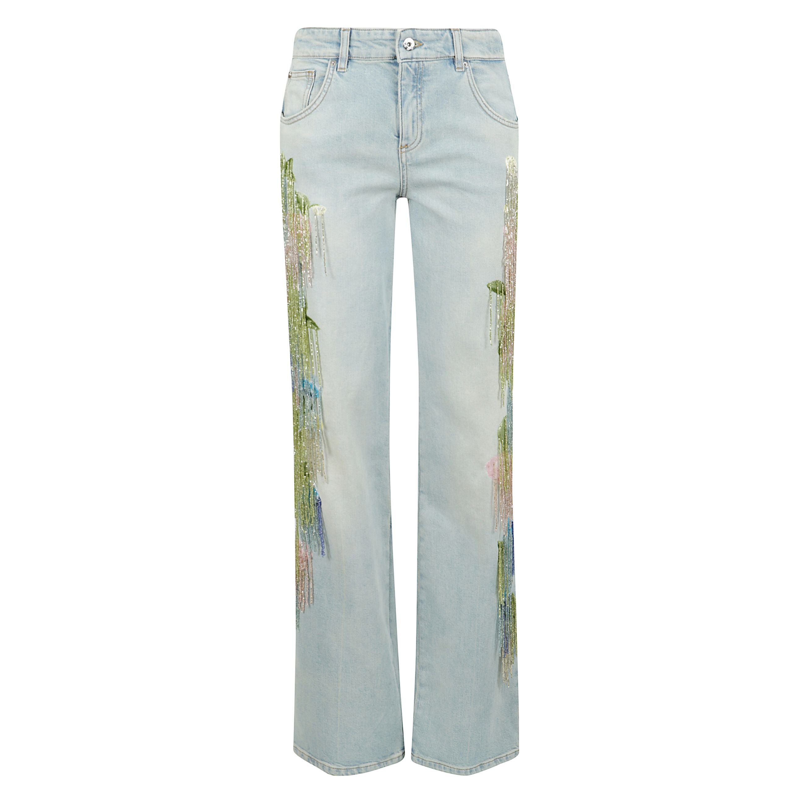 Jeans in denim lavato con ricamo a mano di fili di perline e pietre sfaccettate, lavaggio chiaro,
cinque tasche,
chiusura con bottone e zip
linea straight leg, vestibilitÃ  regular fit.