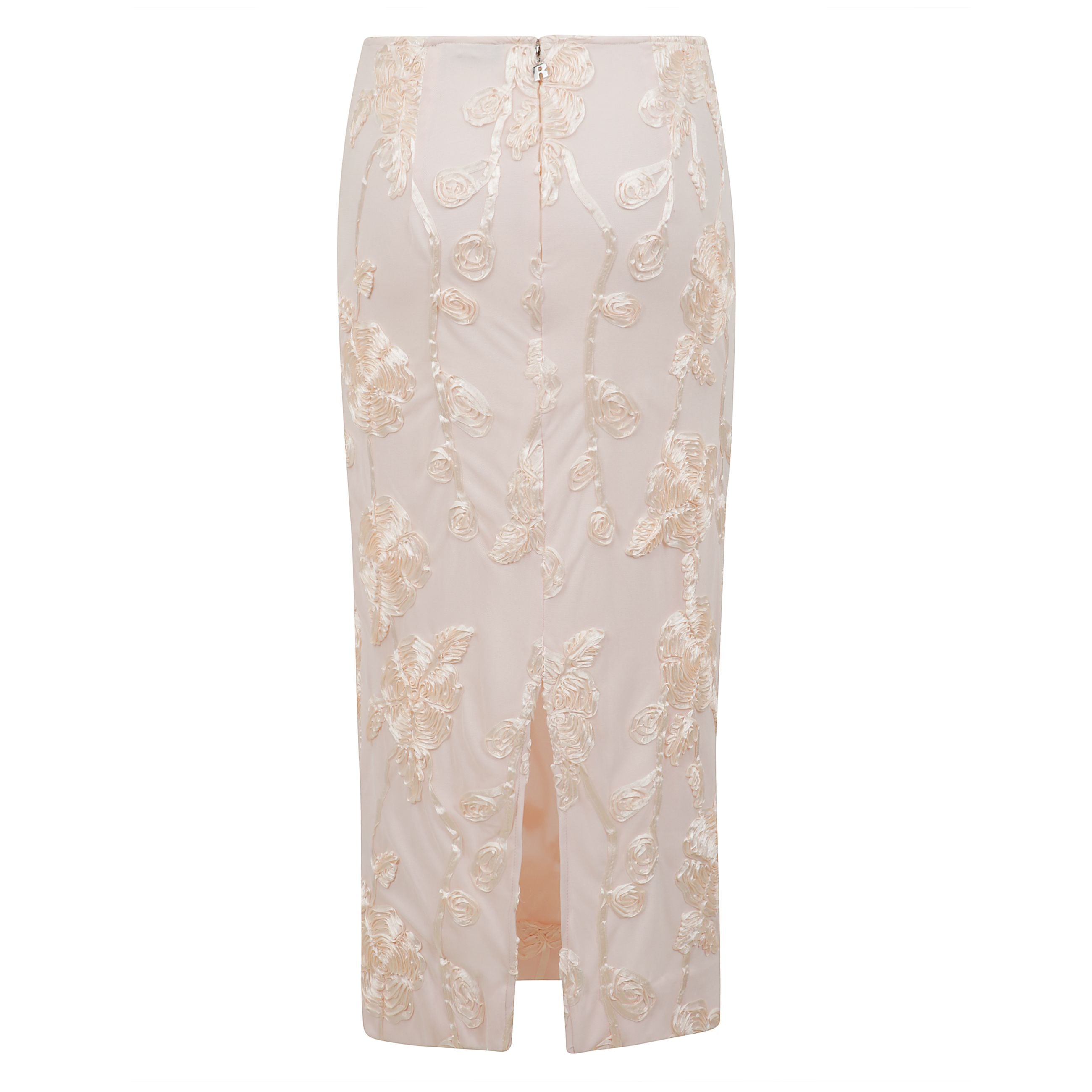 Gonna midi rotate realizzata in tessuto con applicazioni decorative, chiusura con cerniera e gancetto sul retro