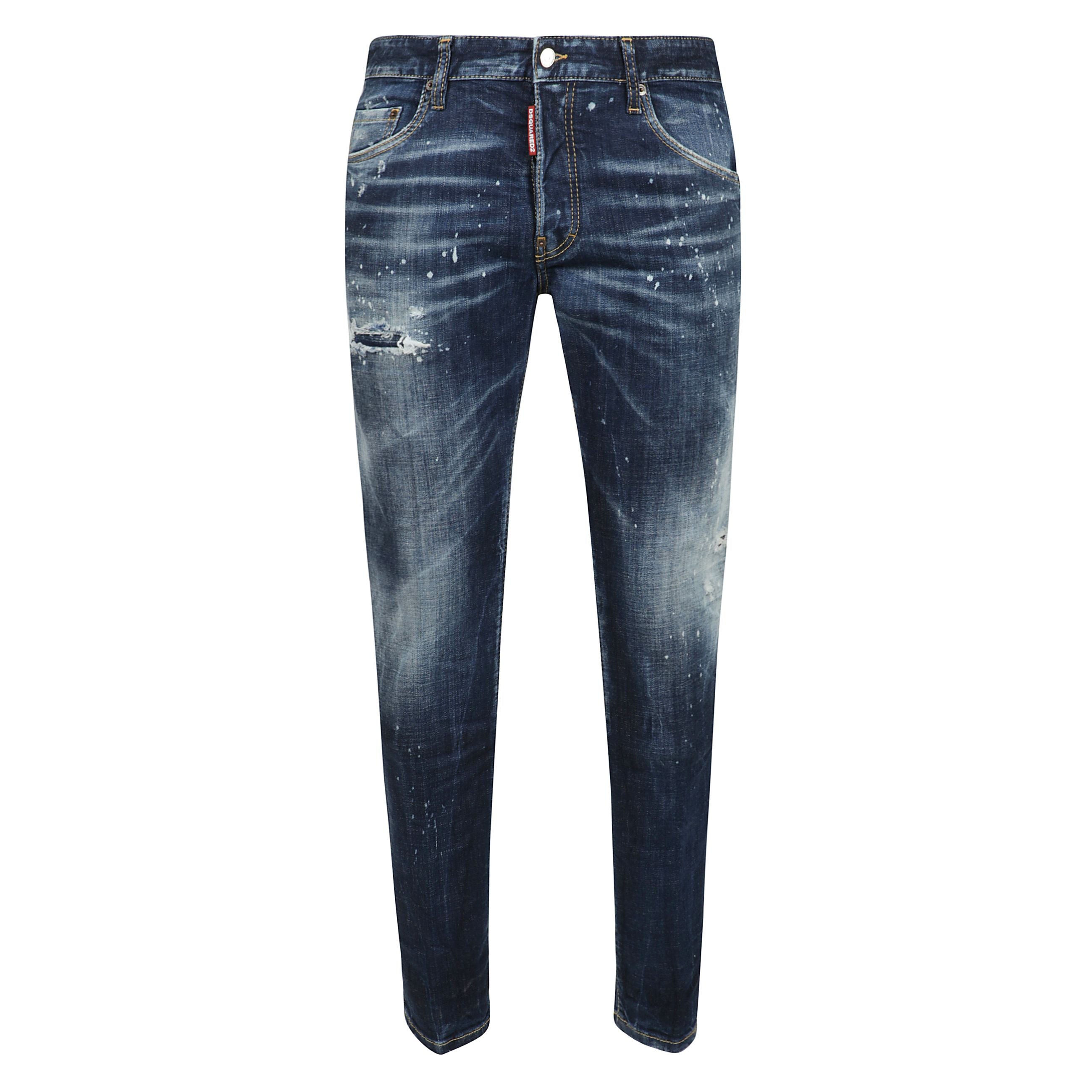 Jeans denim stretch a cinque tasche con con schizzi di pittura sul davanti e sul retro e patch logo a contrasto davanti.