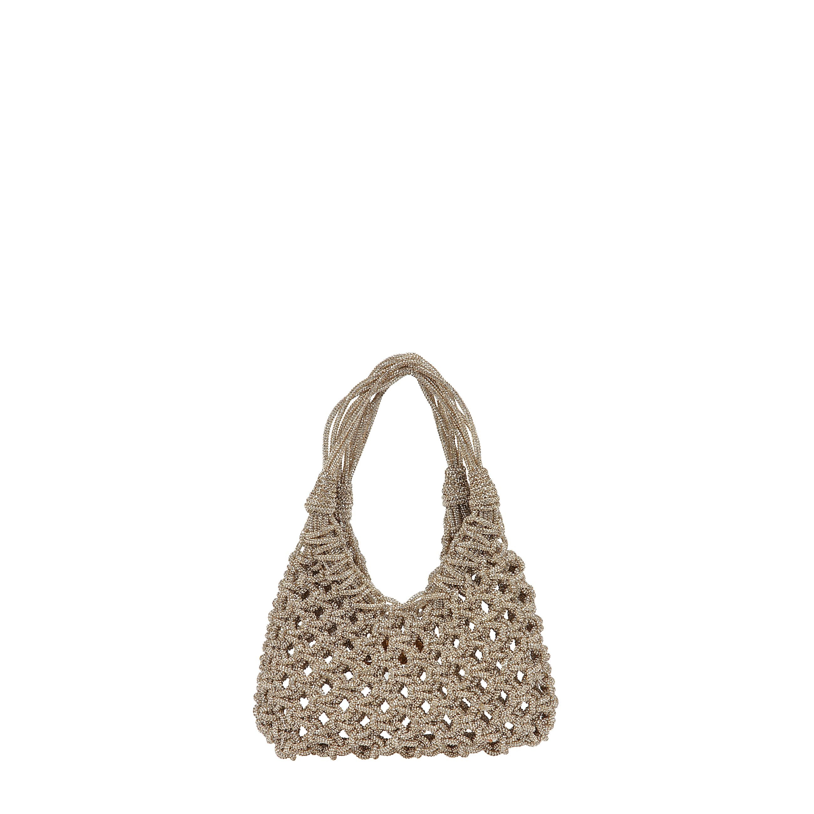 Borsa a mano tempestata di cristalli dal design senza fodera con parte superiore aperta e due manici