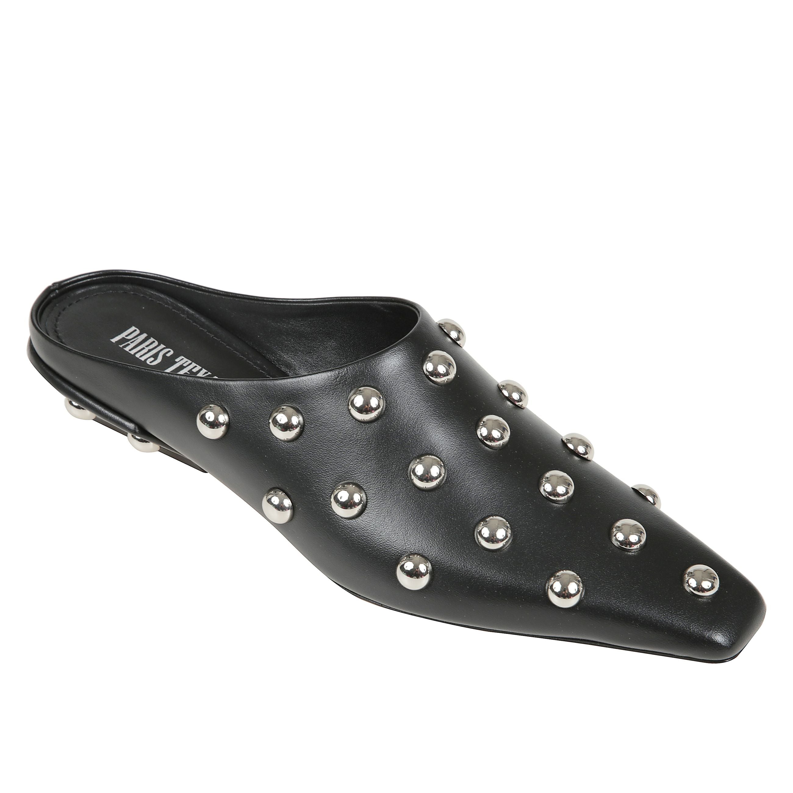 Belle sabot 25 in pelle nera con punta quadrata, suola in cuoio e borchie in argento