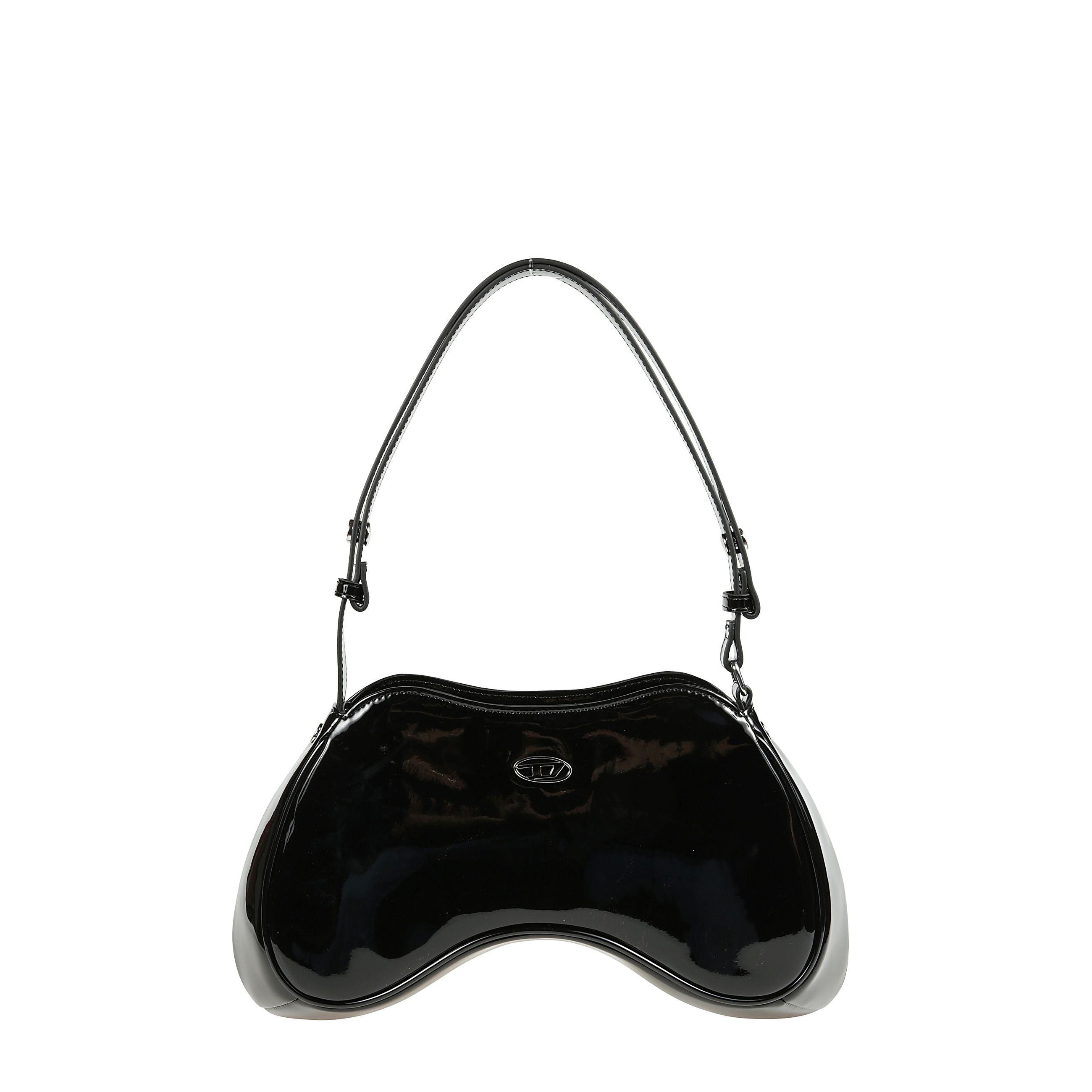 Questa borsa da donna ha una silhouette strutturata e compatta, ispirata ai classici joystick da videogame. caratterizzata da una finitura lucida, Ã¨ realizzata in materiali riciclati con una chiusura zip e una delicata decorazione oval d smaltata. la tra