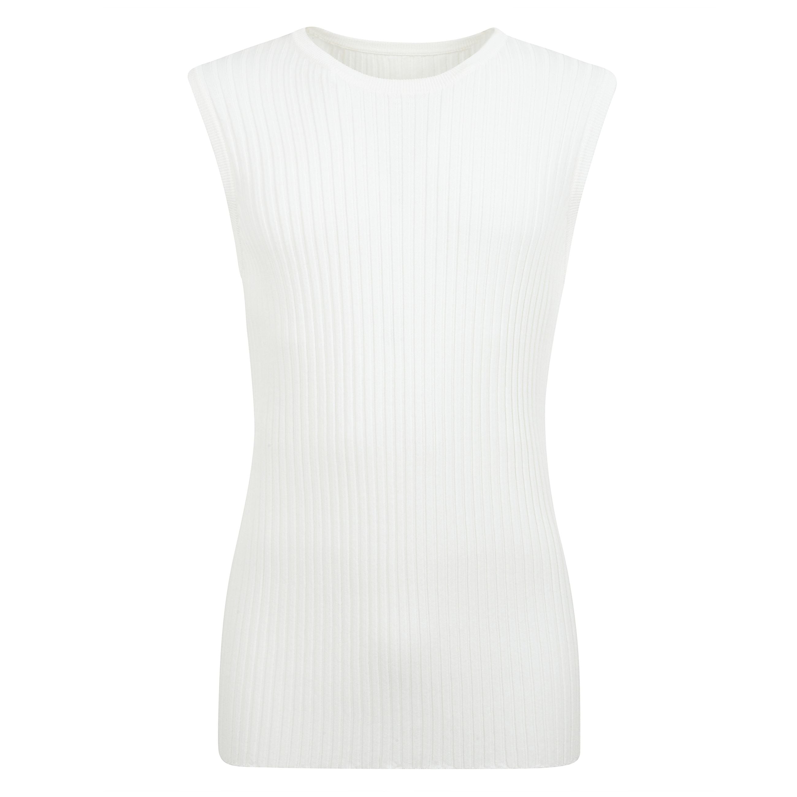 Top smanicato a girocollo bianco esprime una silhouette aderente e unâ€™elegante lavorazione a costine verticali che ne valorizza la linea pulita.
