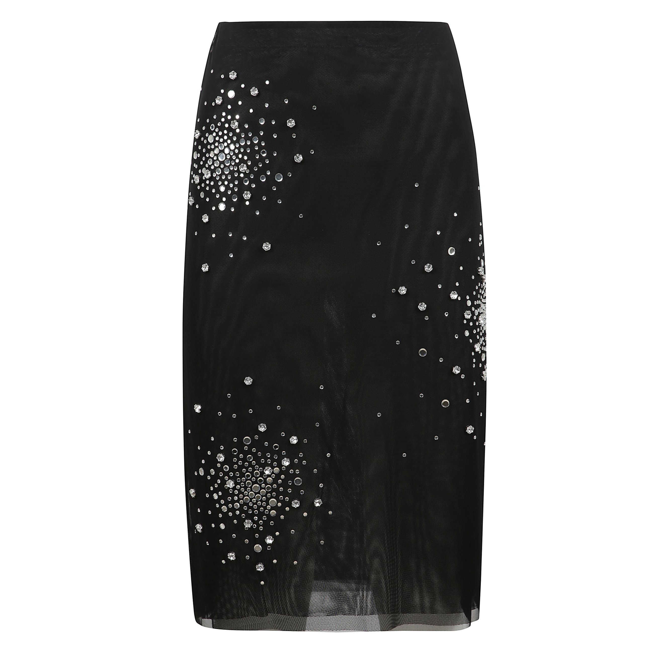 Crystal longuette in tulle semi trasparente con chiusura a zip laterale nascosta e applicazioni di cristalli all over.