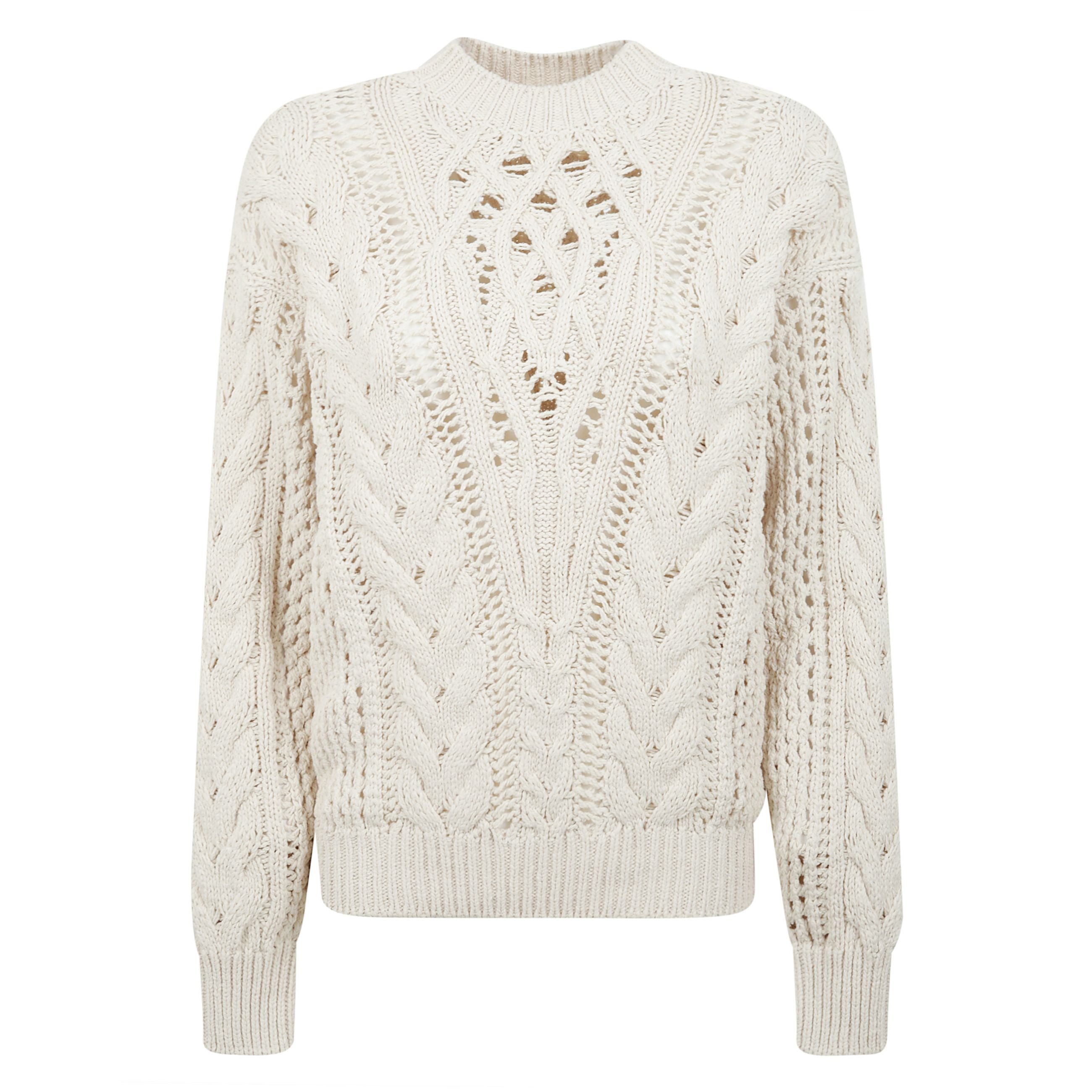 Maglione lenza a girocollo traforato con polsini e orlo a coste e spalla cadente.