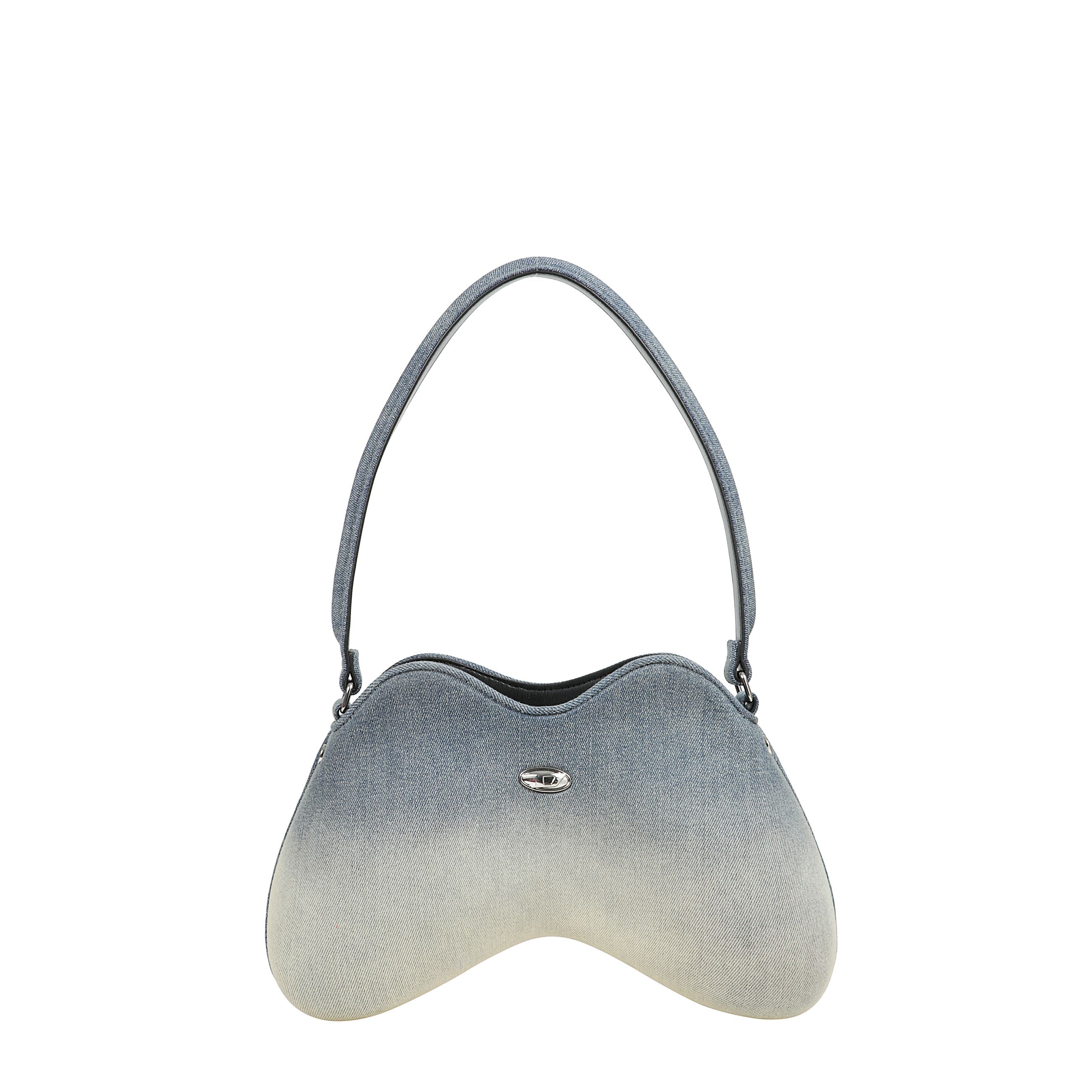 Double-d-borsa da spalla in denim solarizzato con logo oval d minimal in metallo, tracolla fissa, chiusura zip e tasca con zip interna