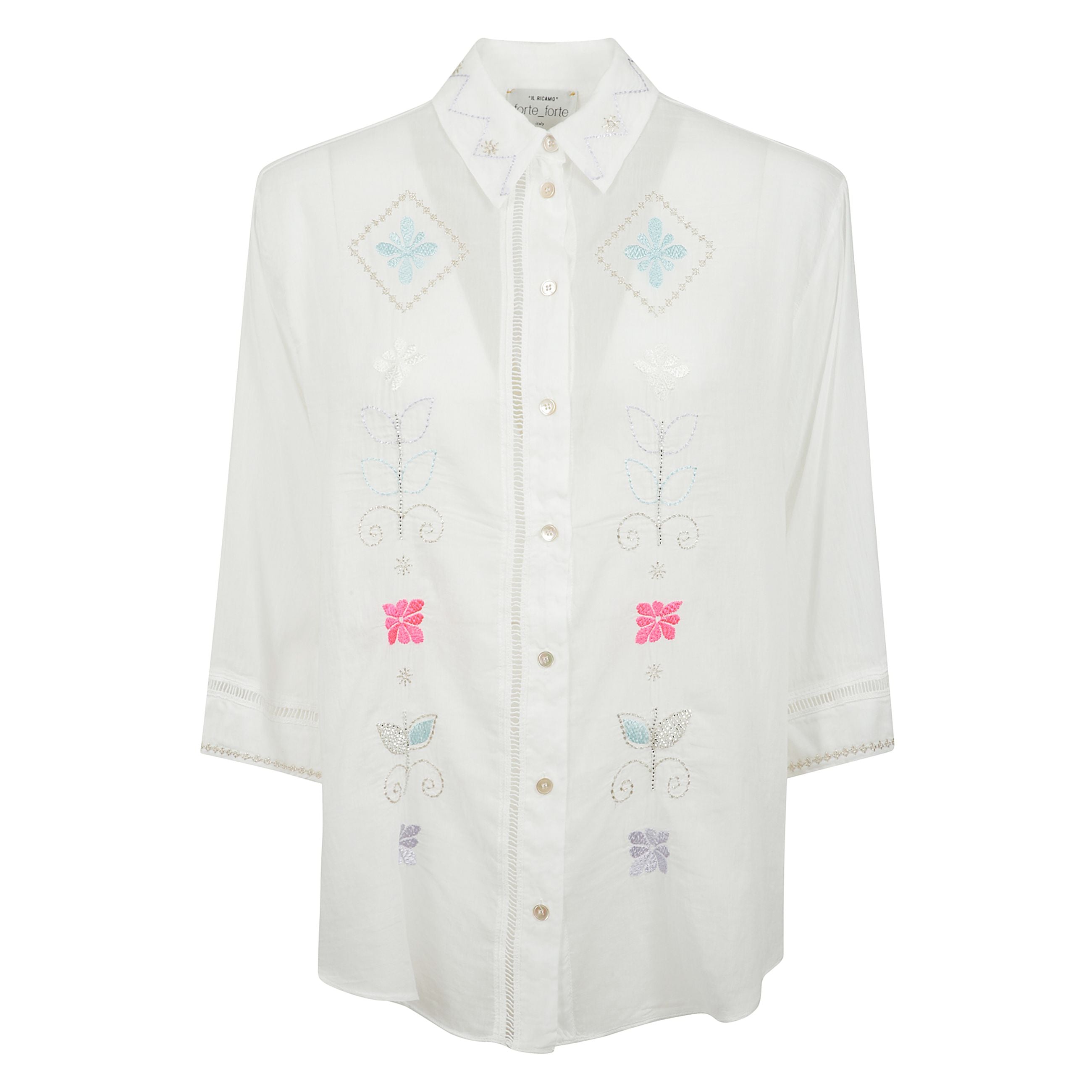 Camicia mezze maniche in voile con ricamo " oniric blossom "