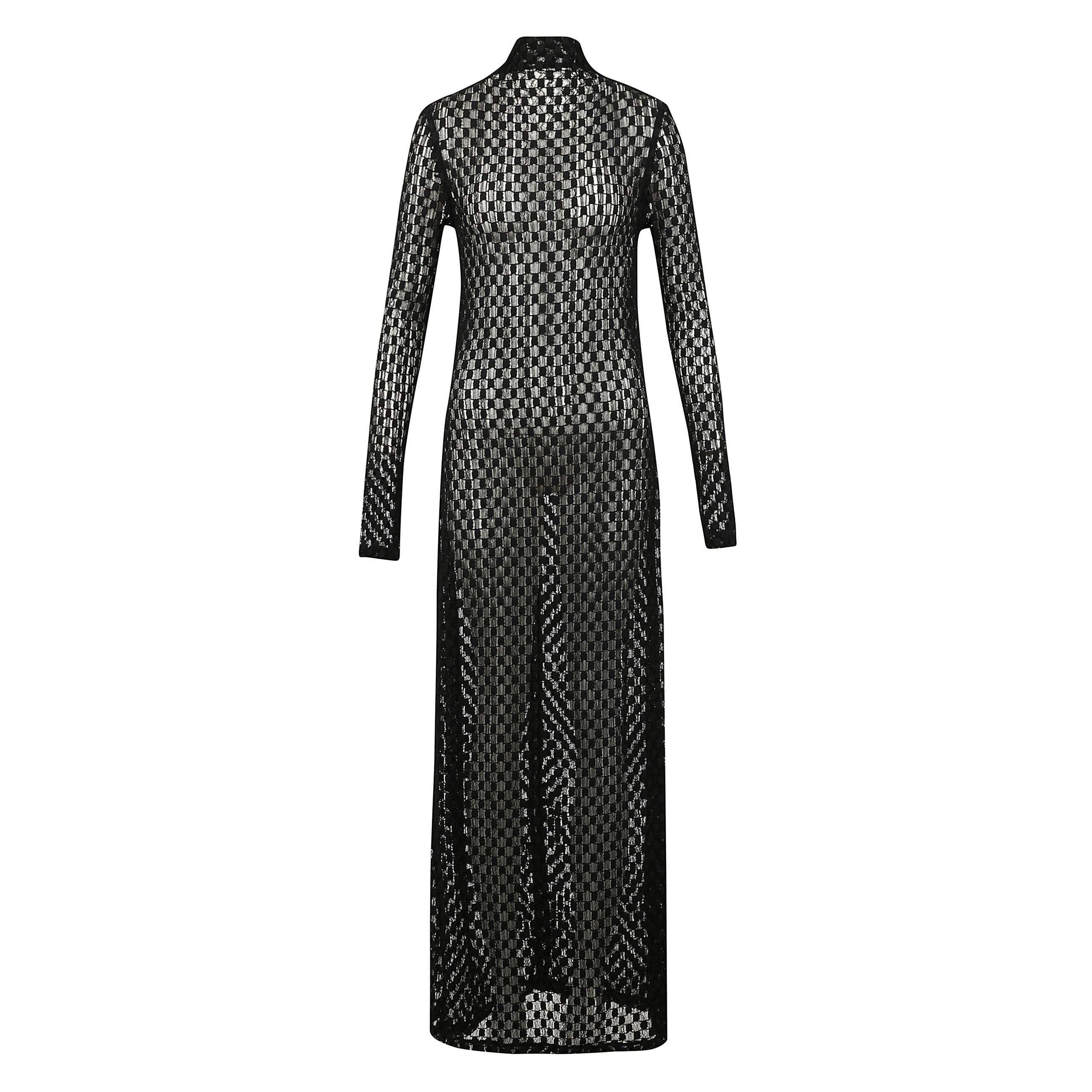 Abito dolcevita lungo , realizzato in un elegante pizzo dal design geometrico, aderente e semitrasparente