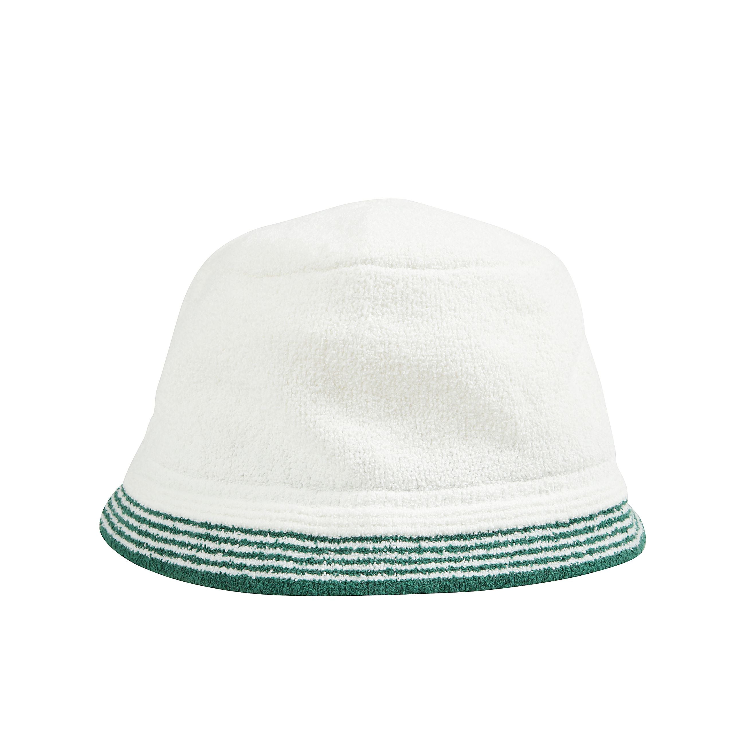 Bucket emboidered hat il cappello a secchiello casablanca bianco Ã¨ realizzato in spugna di cotone e presenta un ricamo del logo verde e un disegno a righe sulla tesa.