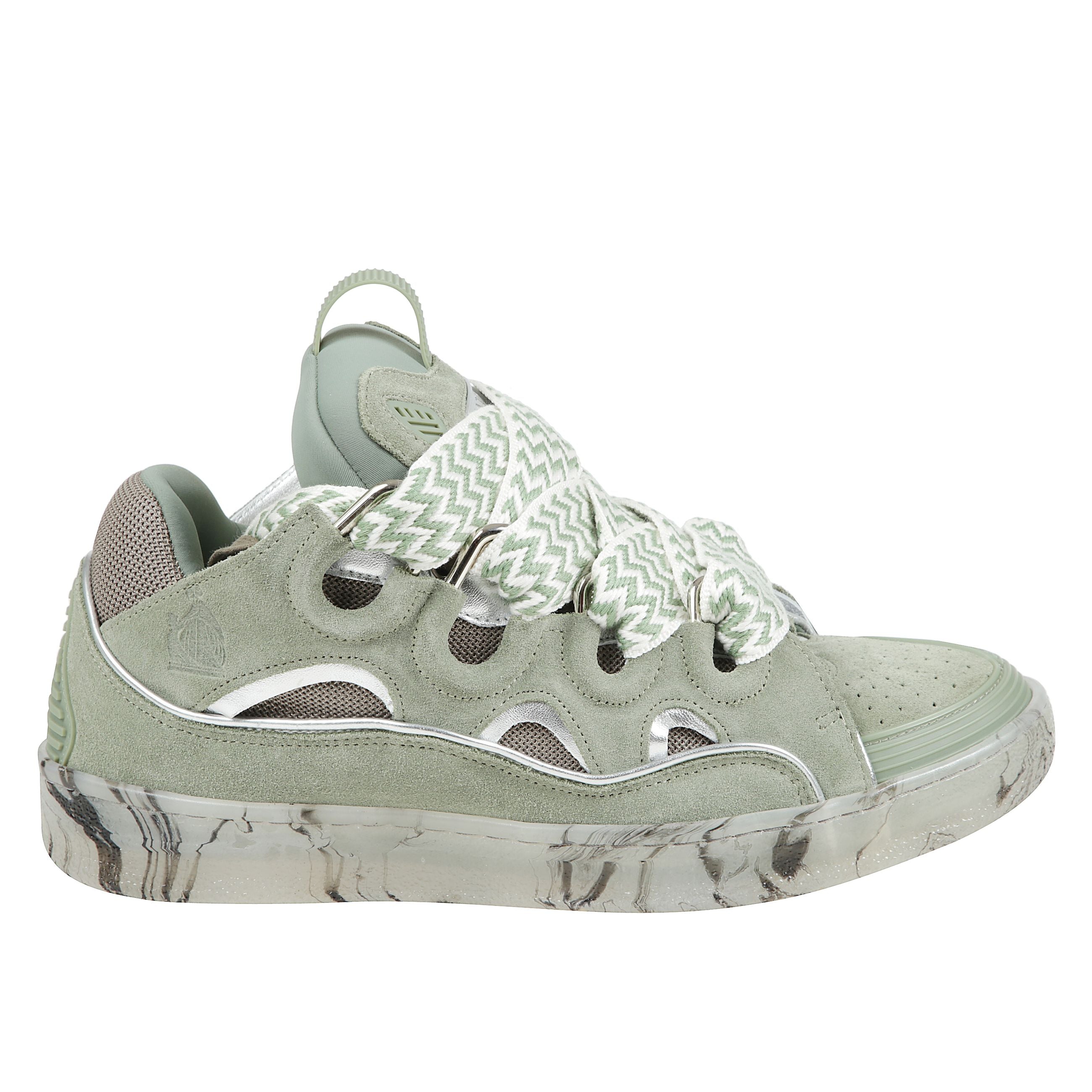 Sneakers curb in pelle, chiusura frontale con lacci a contrasto, inserti in rete e pelle scamosciata, pull-tab sulla linguetta applicazione con logo, dettagli riflettenti