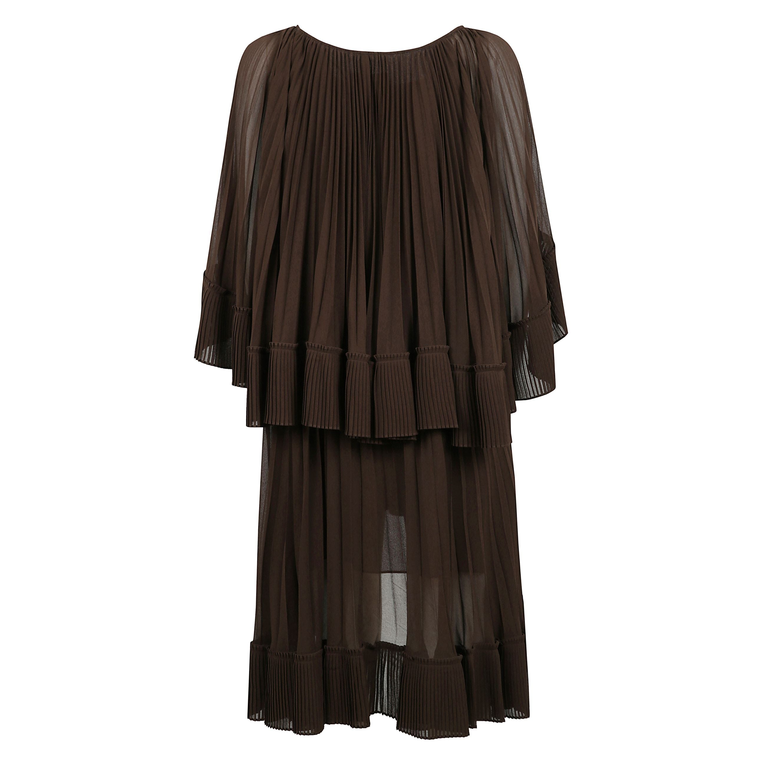 Mini abito plissettato con scollo arrotondato, maniche ampie di media lunghezza, rifinito con una mantella applicata sulle spalle.