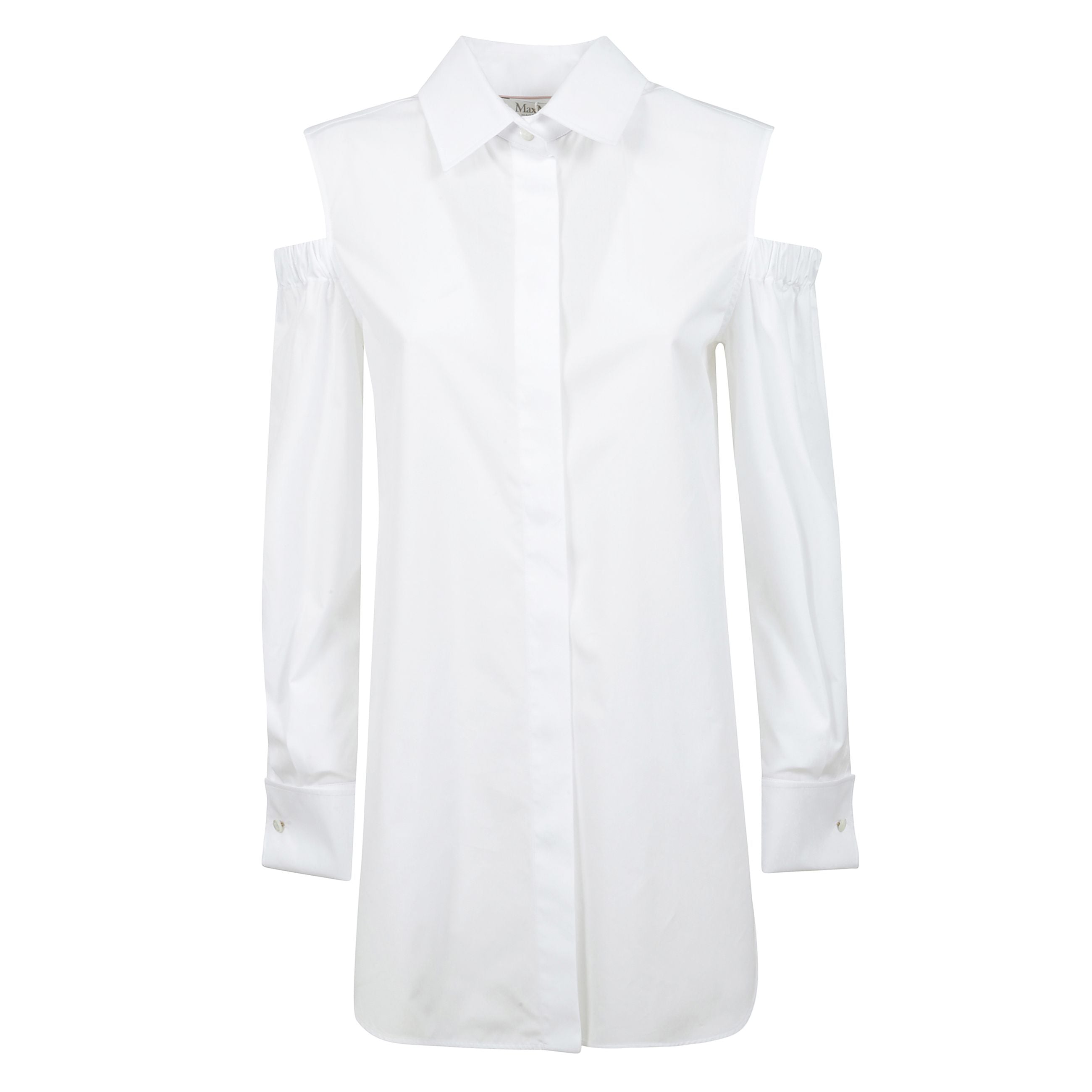 Camicia 'ragni' in popeline di cotone stretch, modello maschile lungo dalla linea dritta, maniche lunghe con dettaglio cut-out elastico arricciato su spalla, polsini alti con bottone gemello, fondo capo asimmetrico, spacchi laterali, chiusura bottoni.