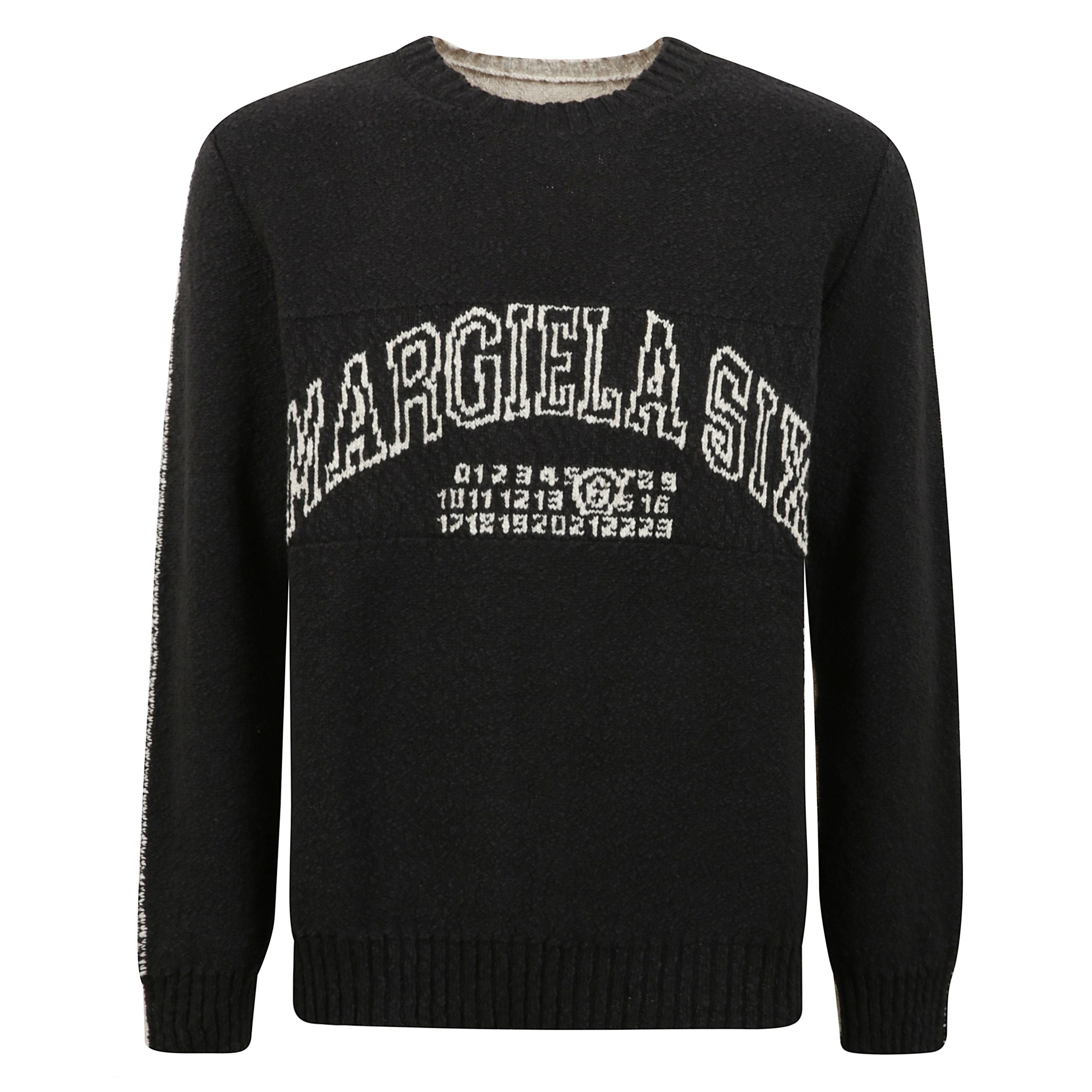 Magione di miscela di cotone e lino bicolore con logo jacquard anteriore, collo dell'equipaggio, maniche lunghe.