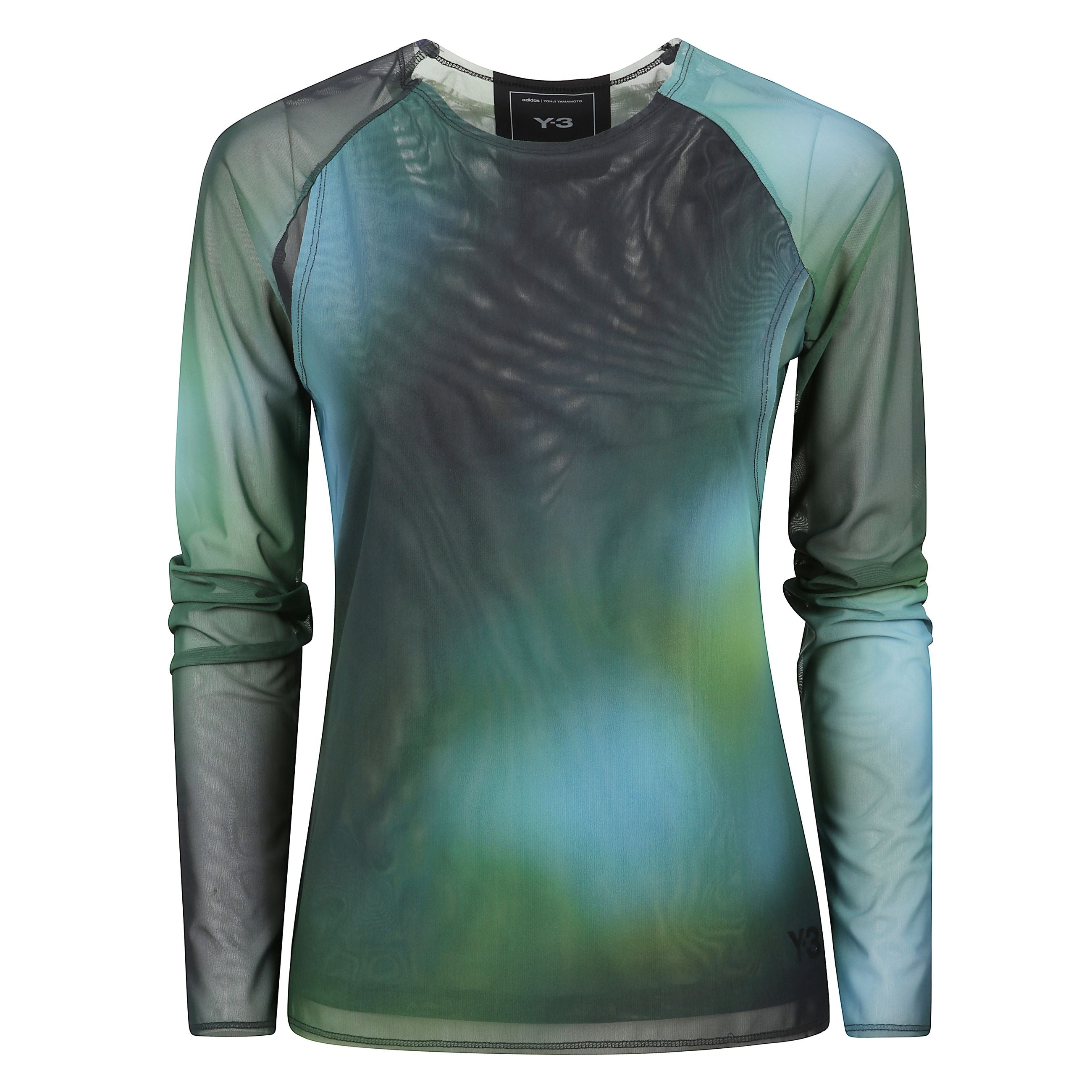 Top a maniche lunghe in elastan semi trasparente, fantasia multicolor e design sfumato