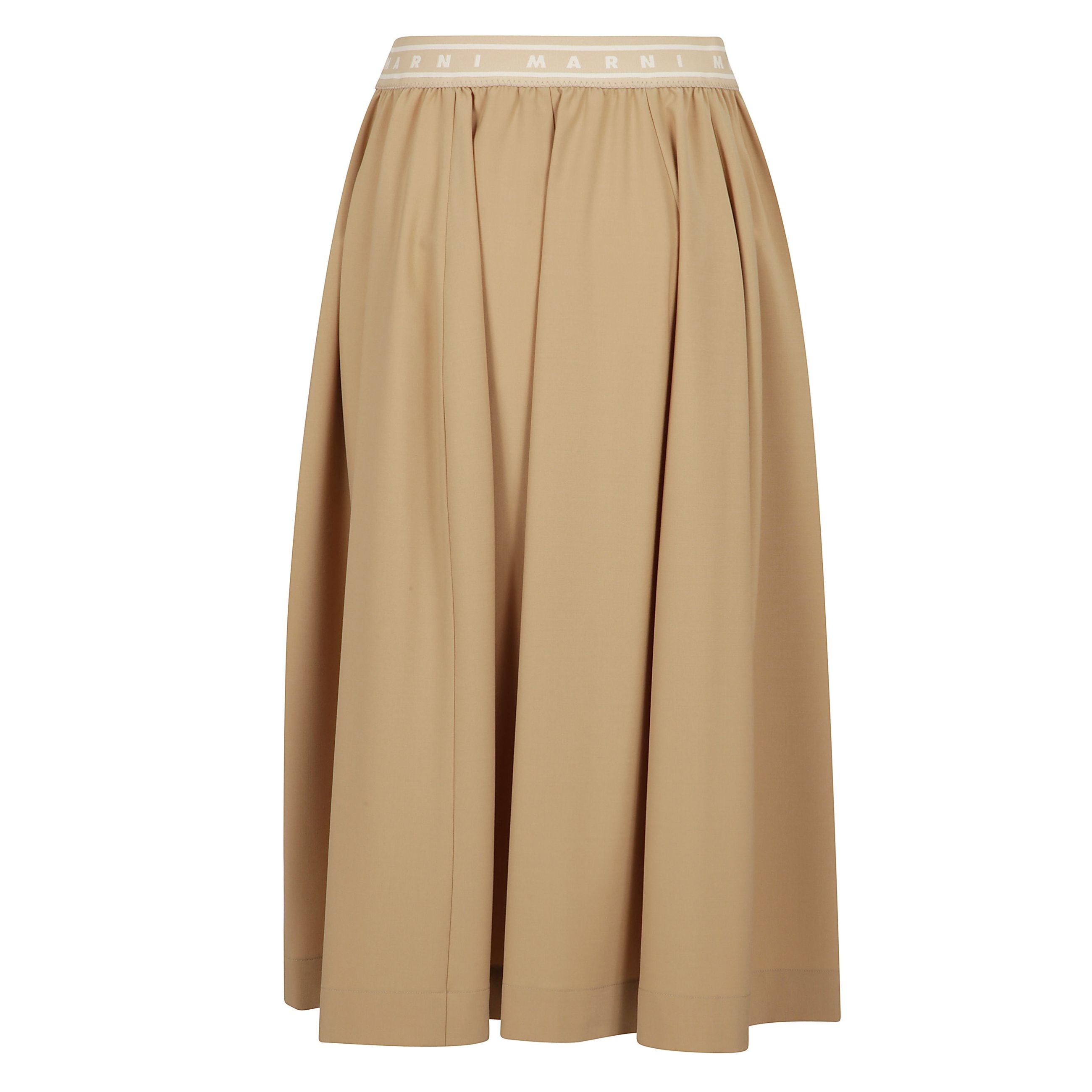 Gonna a ruota midi con banda logo beige e misto lana vergine a vita elasticizzata con logo