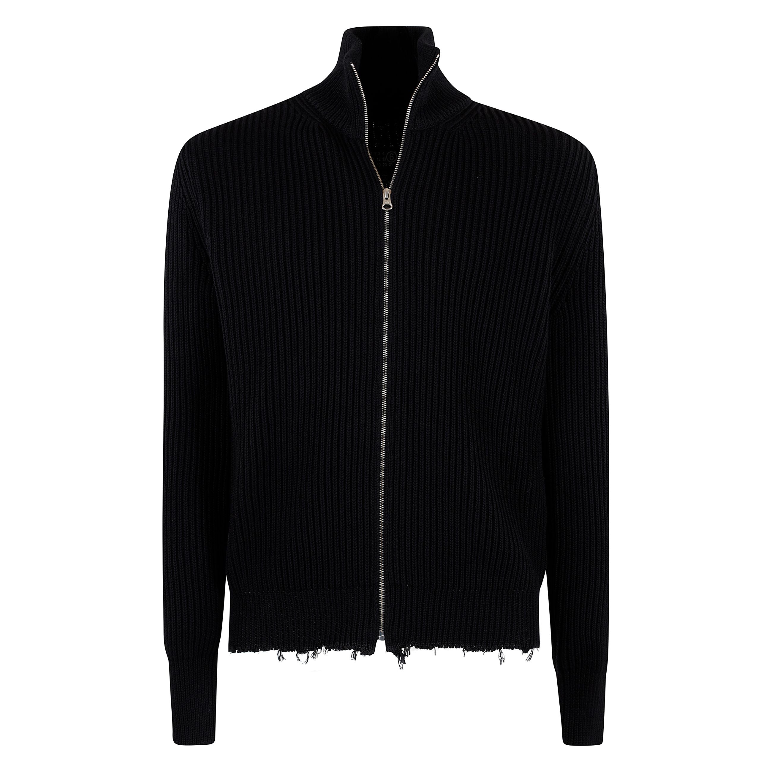 Felpa con zip in cotone a maniche lunghe. collo alto a imbuto. costine a coste verticali. orlo sfrangiato con effetto consumato.