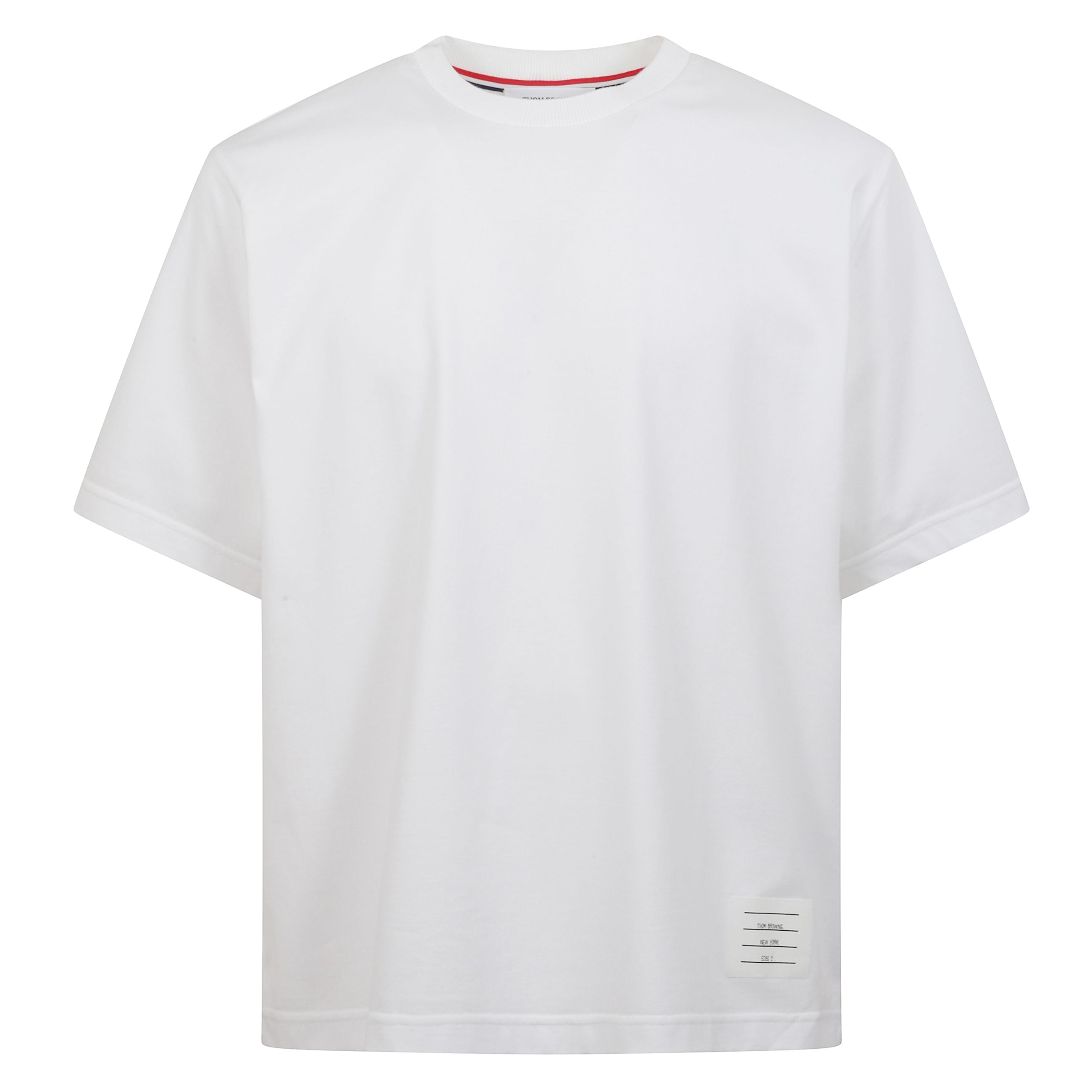 T-shirt in cotone con orlo dritto e vestibilitÃ  larga. etichetta con firma thom browne vicino all'orlo frontale. sul retro, strisce tricolore sulla schiena e passante in grossgrain.