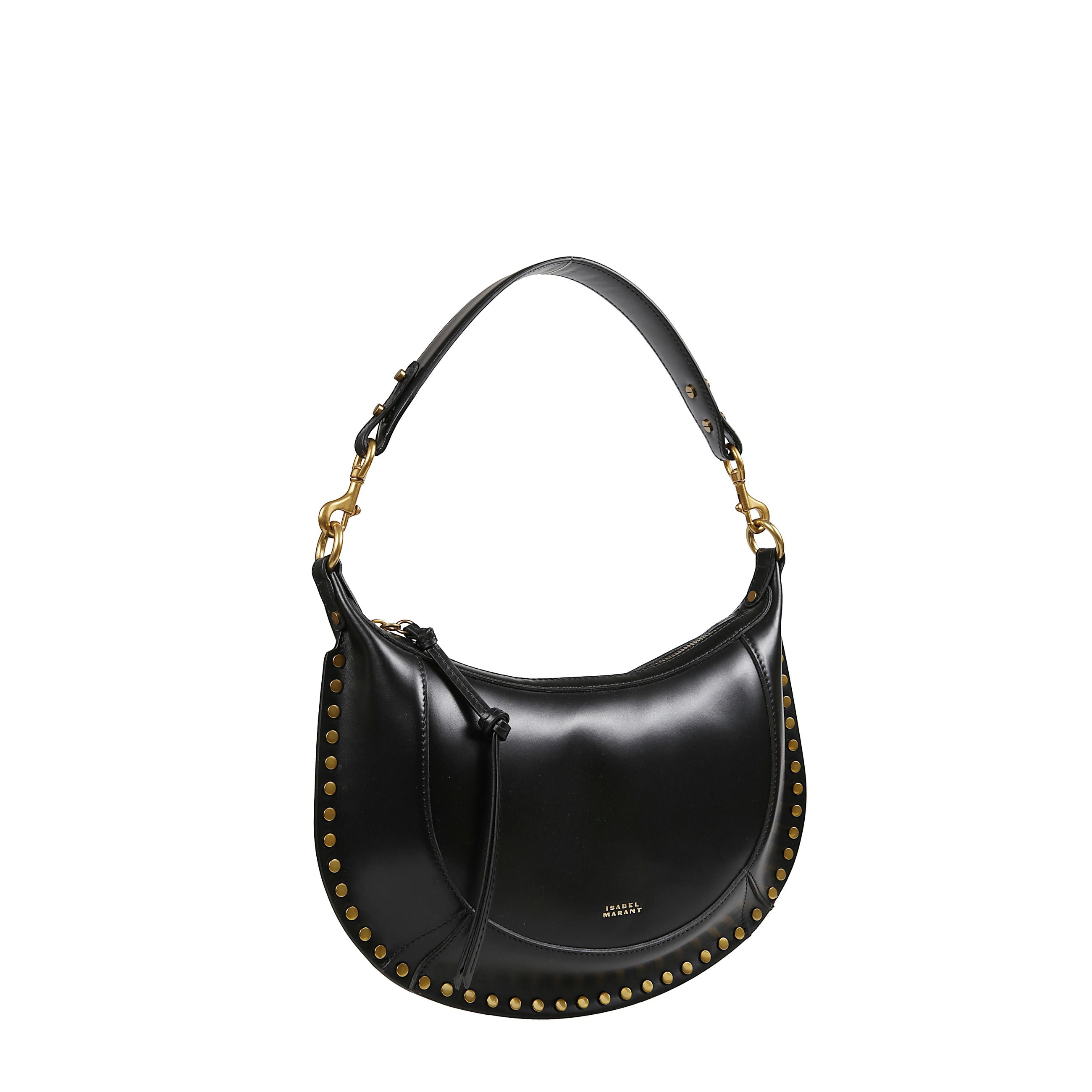 Borsa isabel marant naoko in pelle di vitello. design minimal con manico superiore e tracolla regolabile. chiusura zip, logo metallico frontale e dettagli borchiati oro sul fondo. interno con un ampio scomparto. finiture oro tono su tono e cuciture tono s