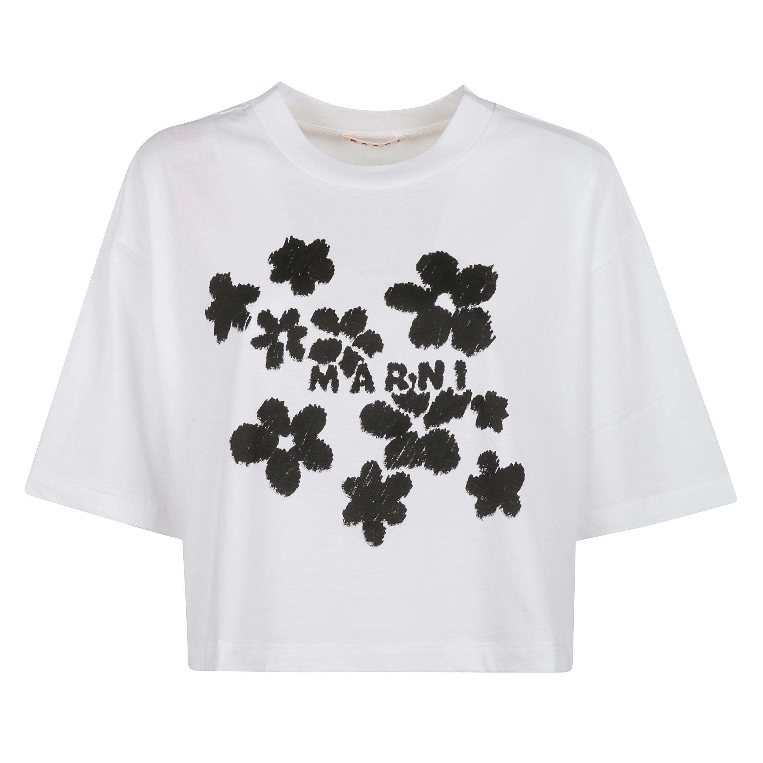 T-shirt bianca a scollo rotondo con stampa logo a fiori sul petto