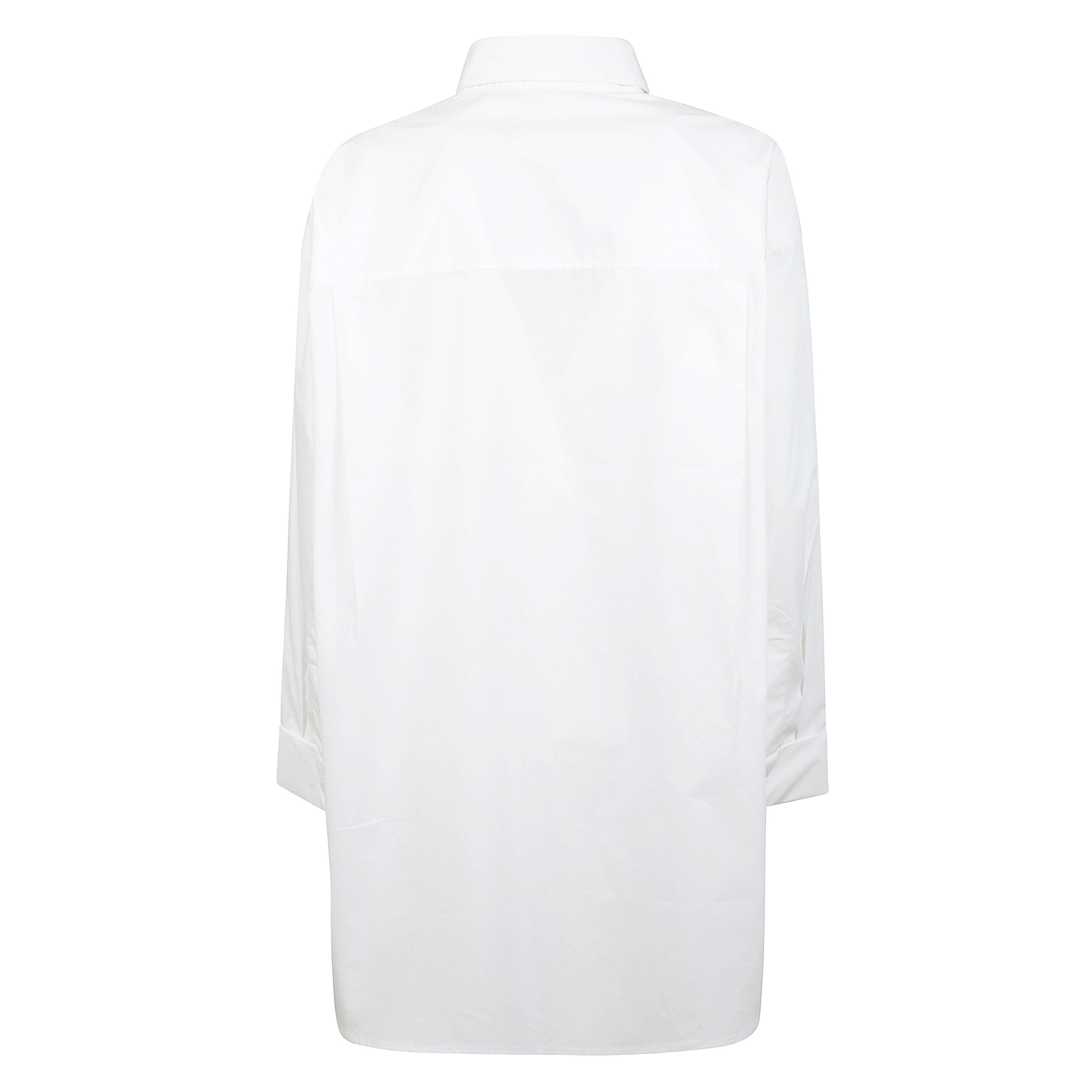 Camicia in popeline in cotone, chiusura frontale con abbottonatura e polsini con bottone, colletto a punta e dettaglio con pieghe a cannone