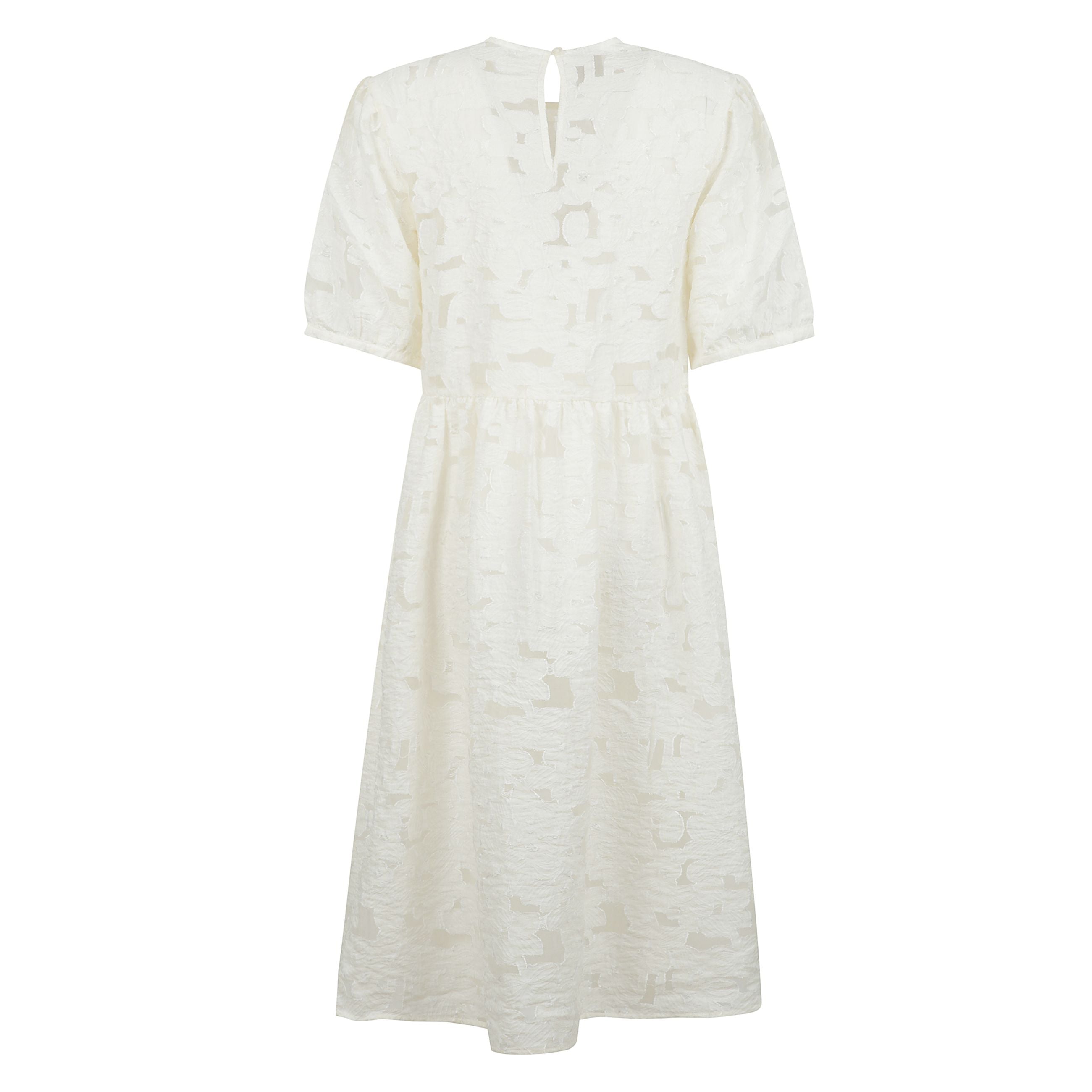 Abito midi semitrasparente realizzato in pizzo floreale, caratterizzato da maniche voluminose