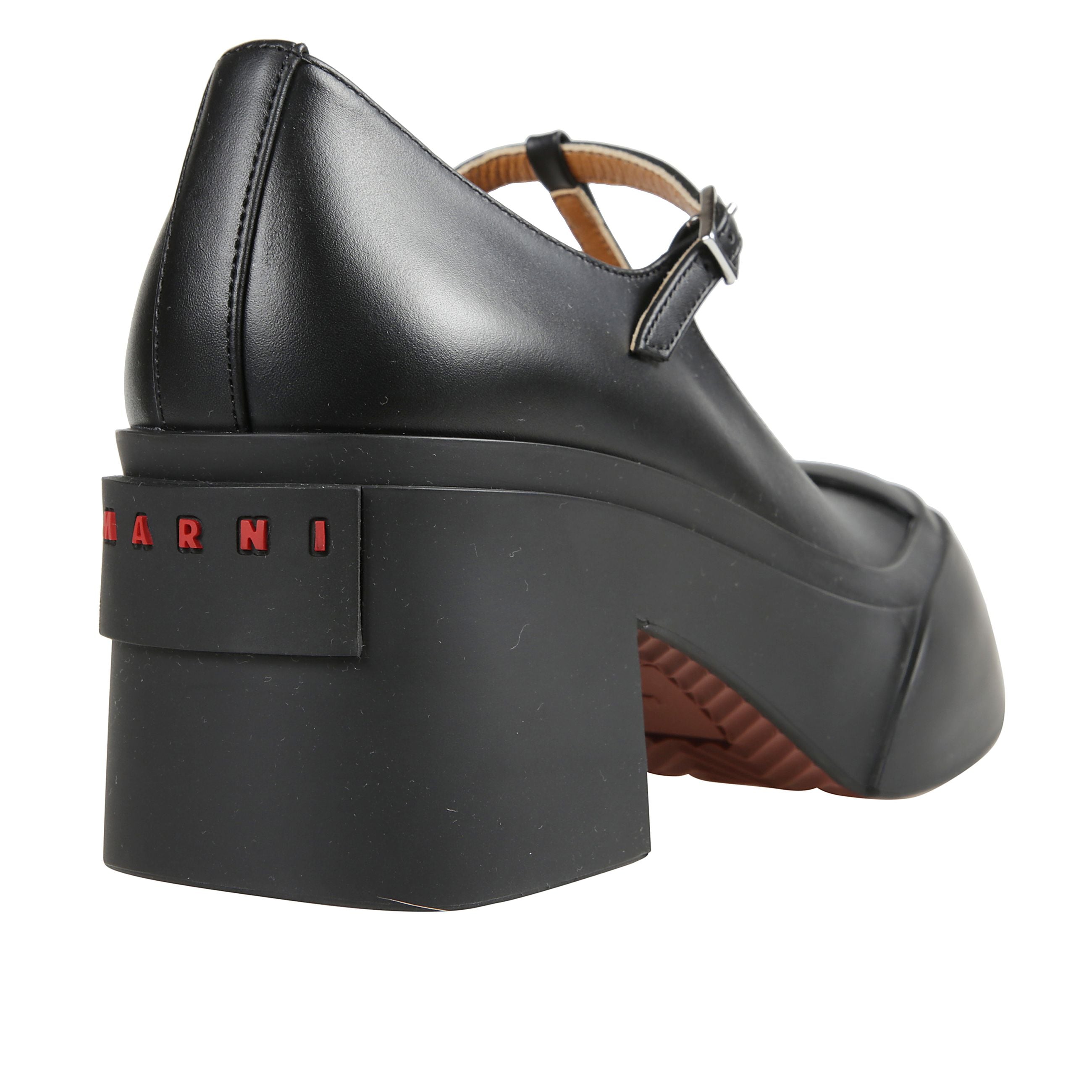 Pumps a punta rotonda in pelle di vitello con cinturino a t 70mm e logo sul tallone.