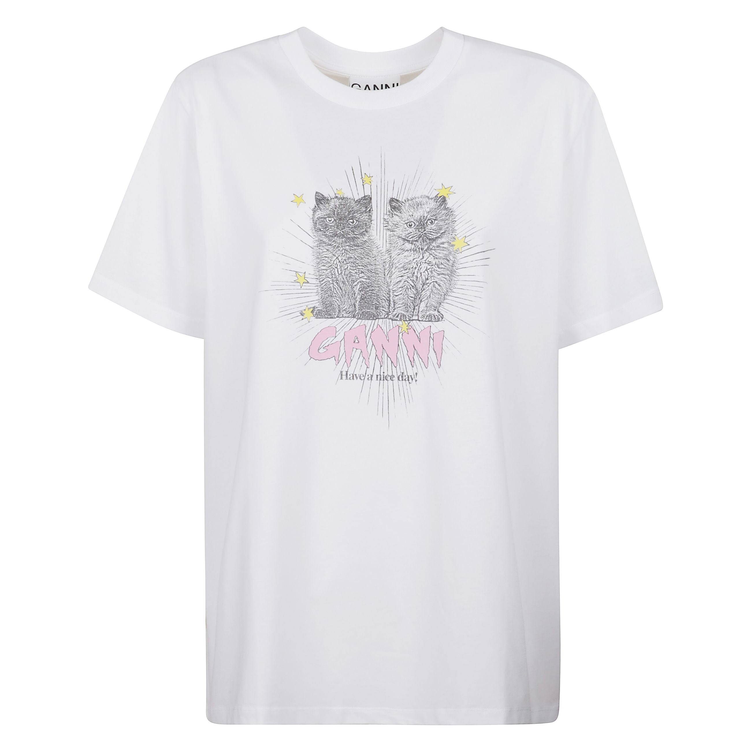 T-shirt bianco relaxed con motivo kittens in jersey presenta scollo rotondo, maniche corte e stampa grafica ganni