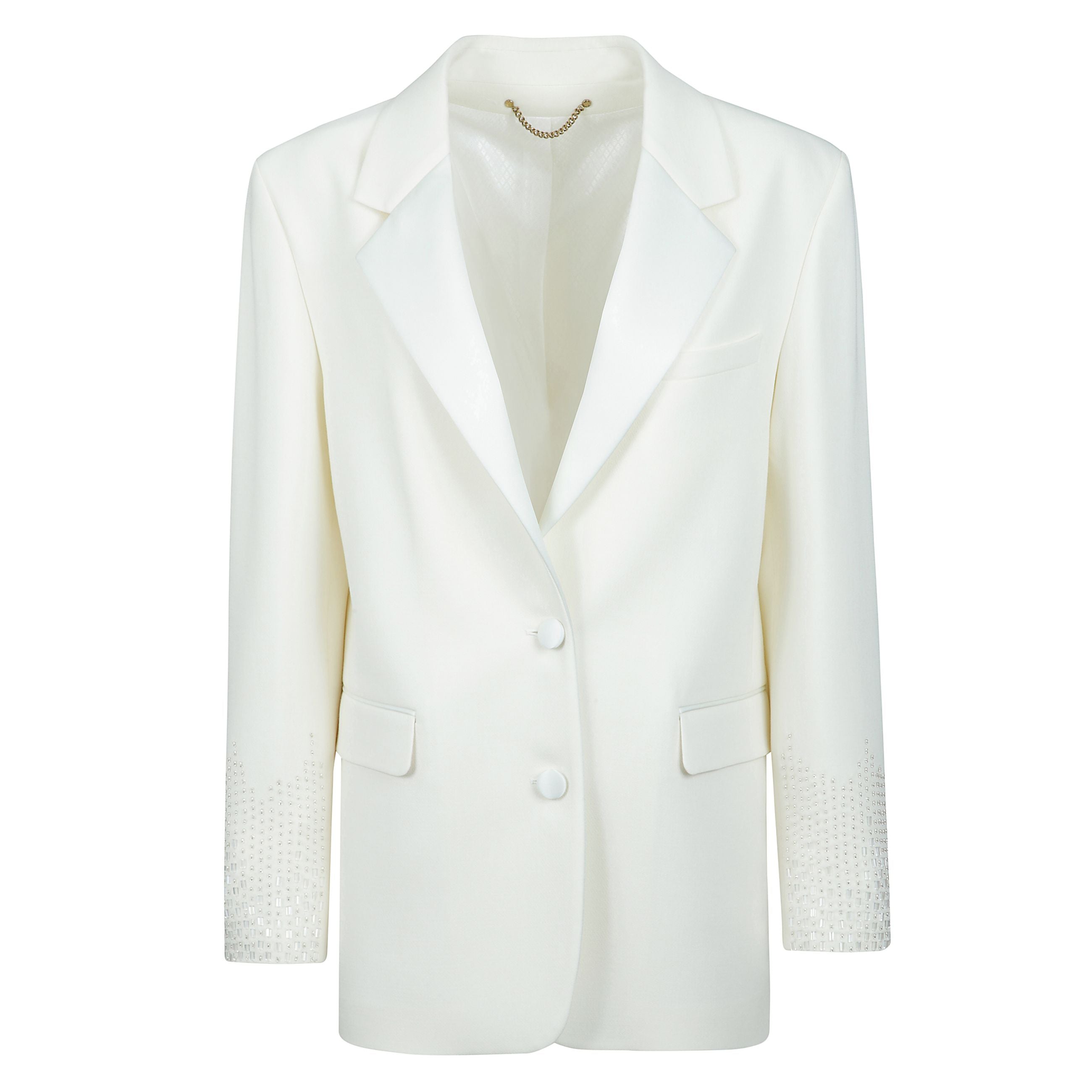 Ispirata all'energia degli anni novanta, la nostra nuova collezione celebra l'energia pulsante della musica e la forza illimitata dei sogni. questa giacca monopetto misto lana di colore bianco Ã¨ caratterizzata dal risvolto effetto seta bianco e dal fit o